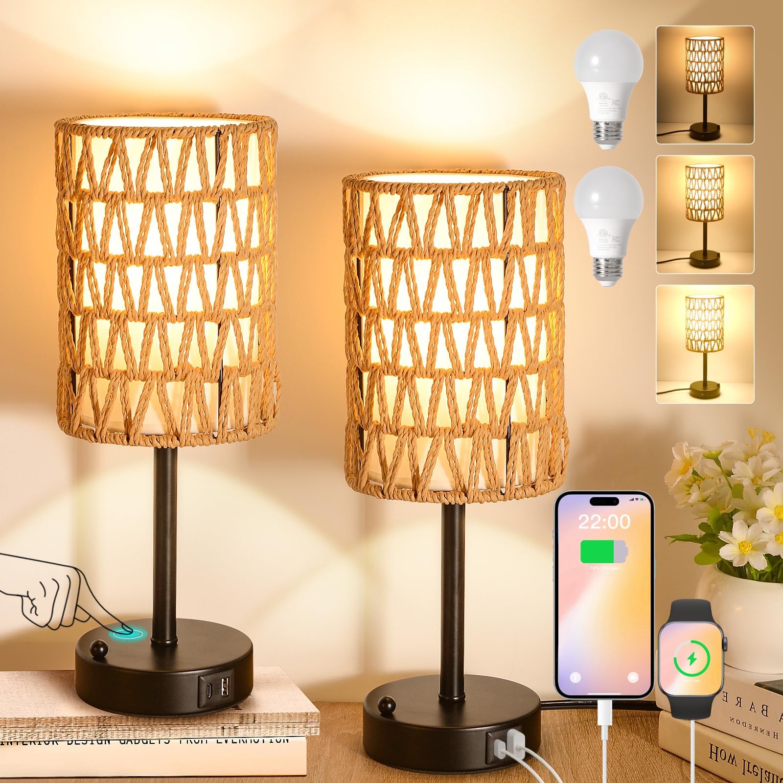 Rattan Table Lamps for Living Room, 3 Way Dimmable Touch Lamps, Small Bedside Lamps with LED Bulbs, Phone Stand, USB Ports and A