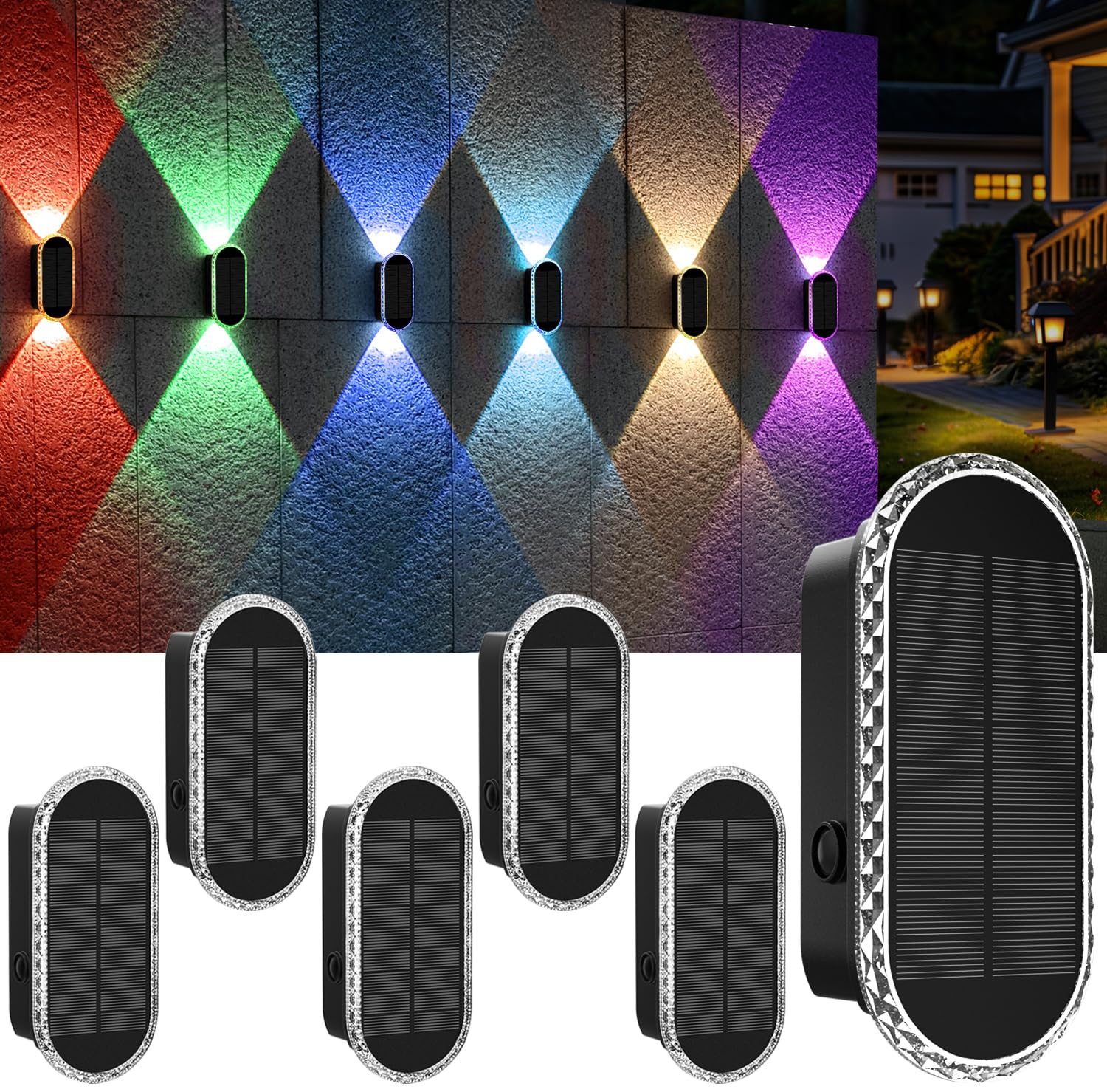 BlueYang Solar Fence Lights - 8 Modes, Waterproof, 6PK, Warm White & RGB, Dual-Head, Outdoor Lighting for Yard, Deck, Garden