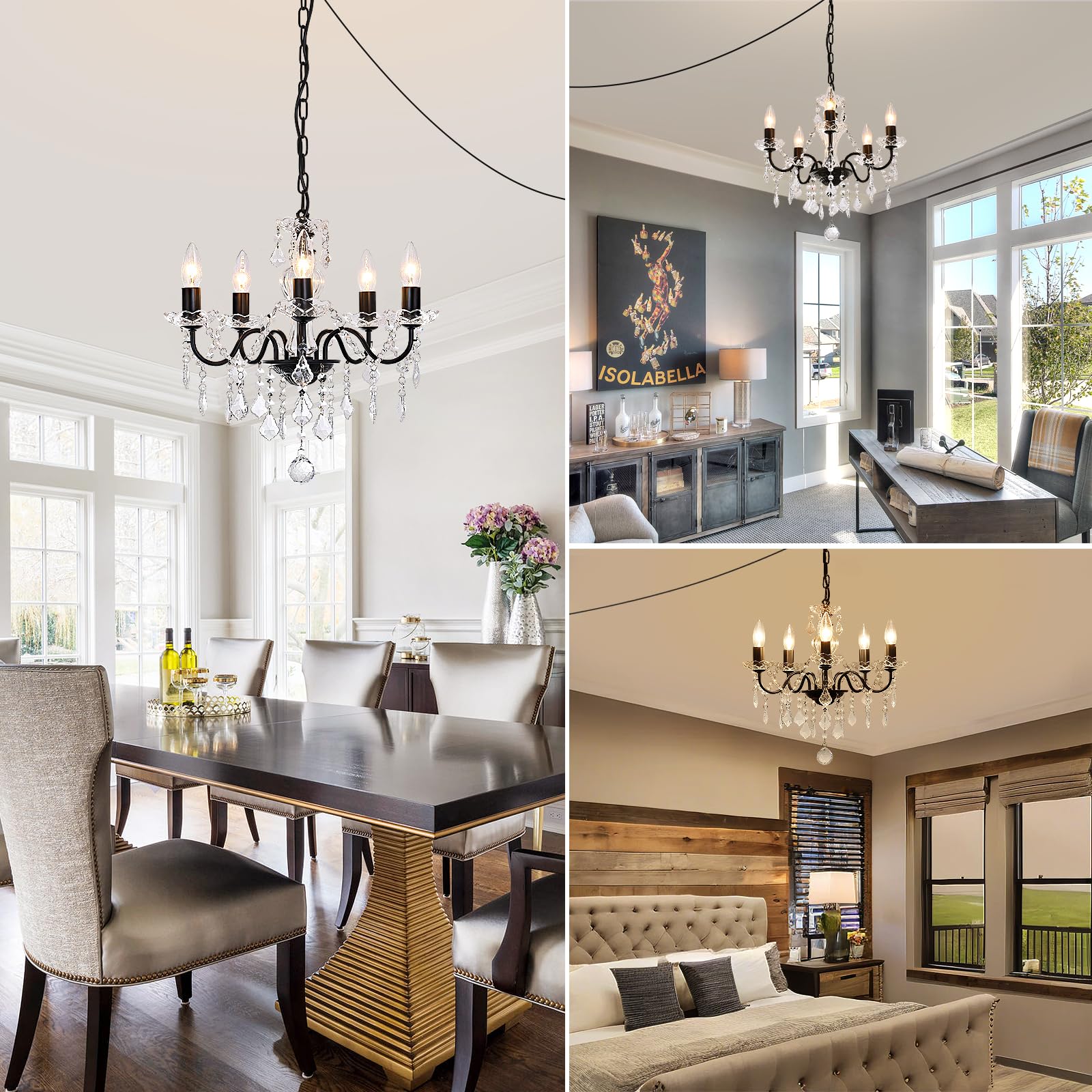 Chanlited Plug In Modern 5-Light Black Chandelier With Glass Crystals, Candle Style Pendant Light Fixtures For Living Room, Girl