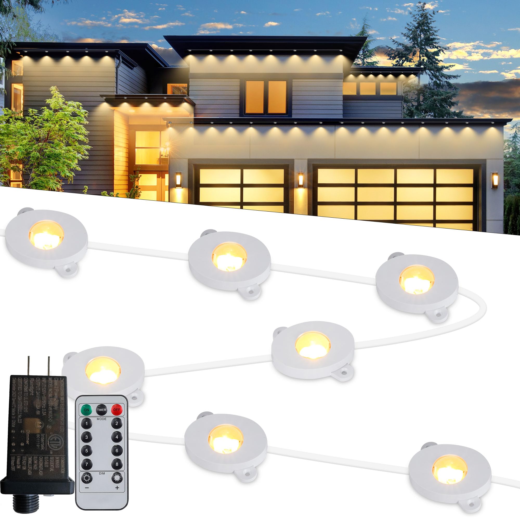 MERRIMAX M Permanent Outdoor Lights, 50ft 36LED Waterproof String Lights, Remote, 8 Modes, Warm White, Model MLS-D24V6WUIC-O