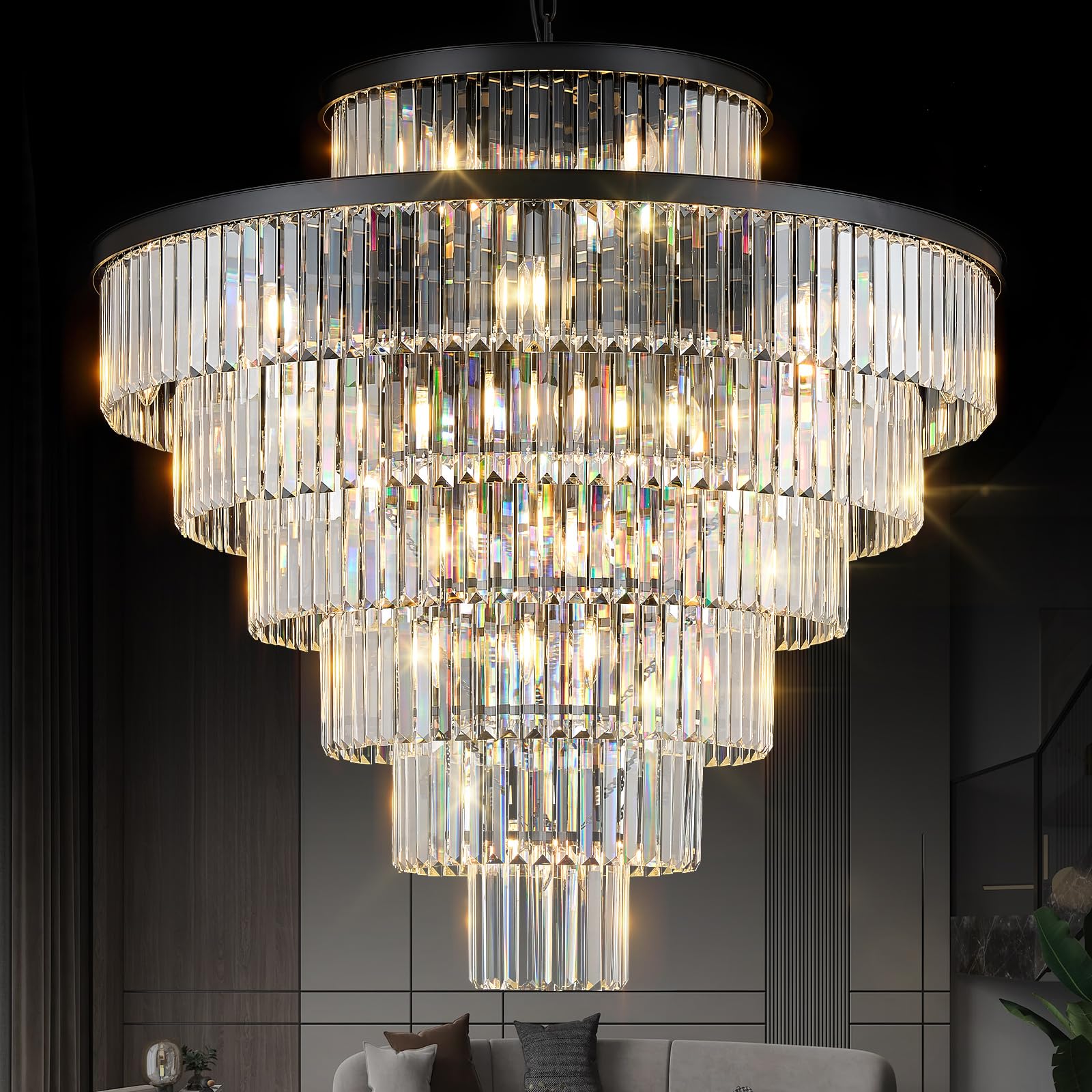 MERINEA Large 40 Black Crystal Chandelier 28 Lights Modern Round Chandeliers for Staircase Elegant 7-Tier K9 Crystal Ceiling Pendant Light Fixture for High Ceiling Living Room Foyer