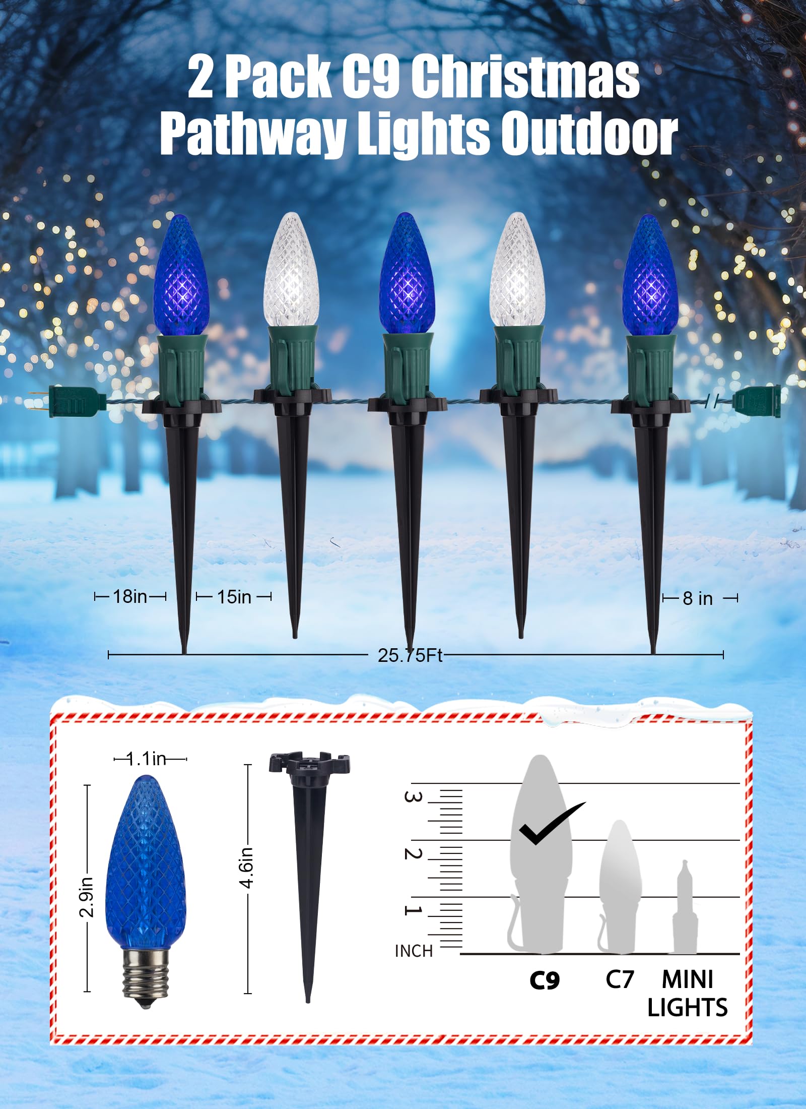 Christmas Pathway Lights Outdoor, 2 Pack 26 Ft 20 Led C9 Strawberry String Lights With Stakes, Connectable Waterproof Outside Ch
