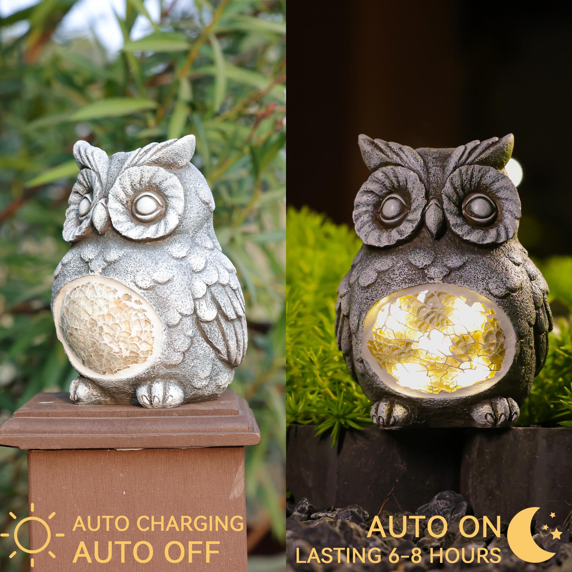 Rezpuao Solar Owl Garden Statue, Resin Figurine with Solar Light, Outdoor Decor for Patio, Yard, Lawn, Model CA81432, Color Owl