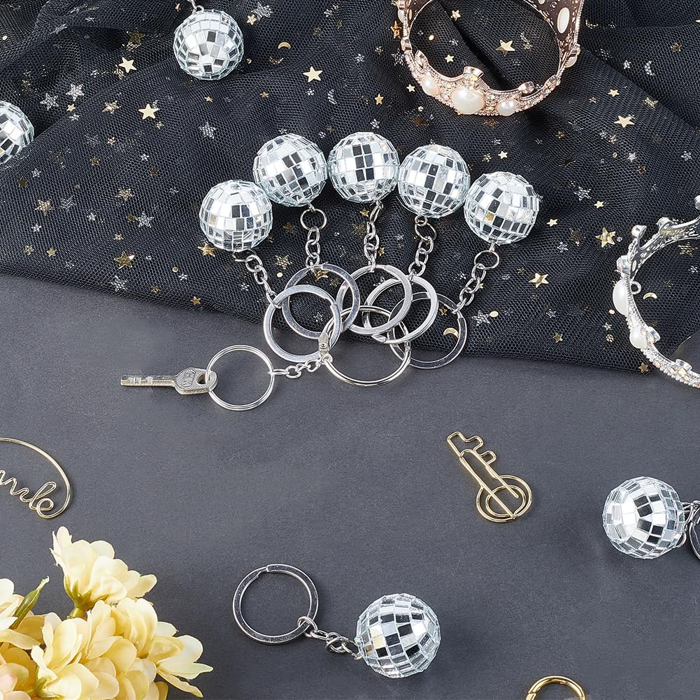 CRASPIRE 12Pcs Disco Ball Keychain Bulk Mirror Ball Key Chain Small Mini Silver Acrylic 1970s Retro Themed Hanging Pendant Charm