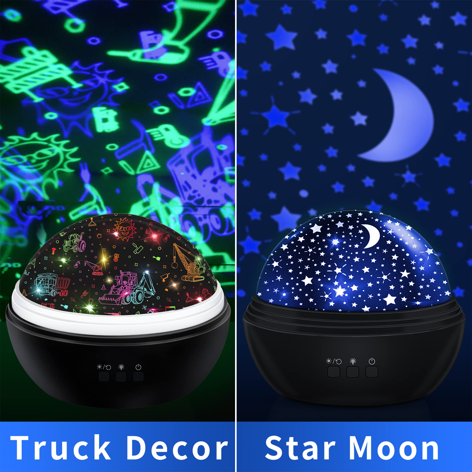Vanshinieer Night Light Projector For Kids Truck Toys For Boys, 360 Degree Rotation Baby Night Lights With Car And Star Theme, Birthday Party Festival Decor(Black)