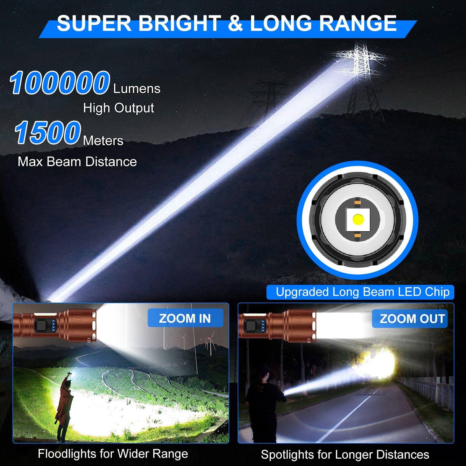 Banral Rechargeable Magnetic Flashlights 100,000 Lumens, 8 Modes, Waterproof, Aluminum, Brown, Model K-2303-B, 2 Pack with Leather Box