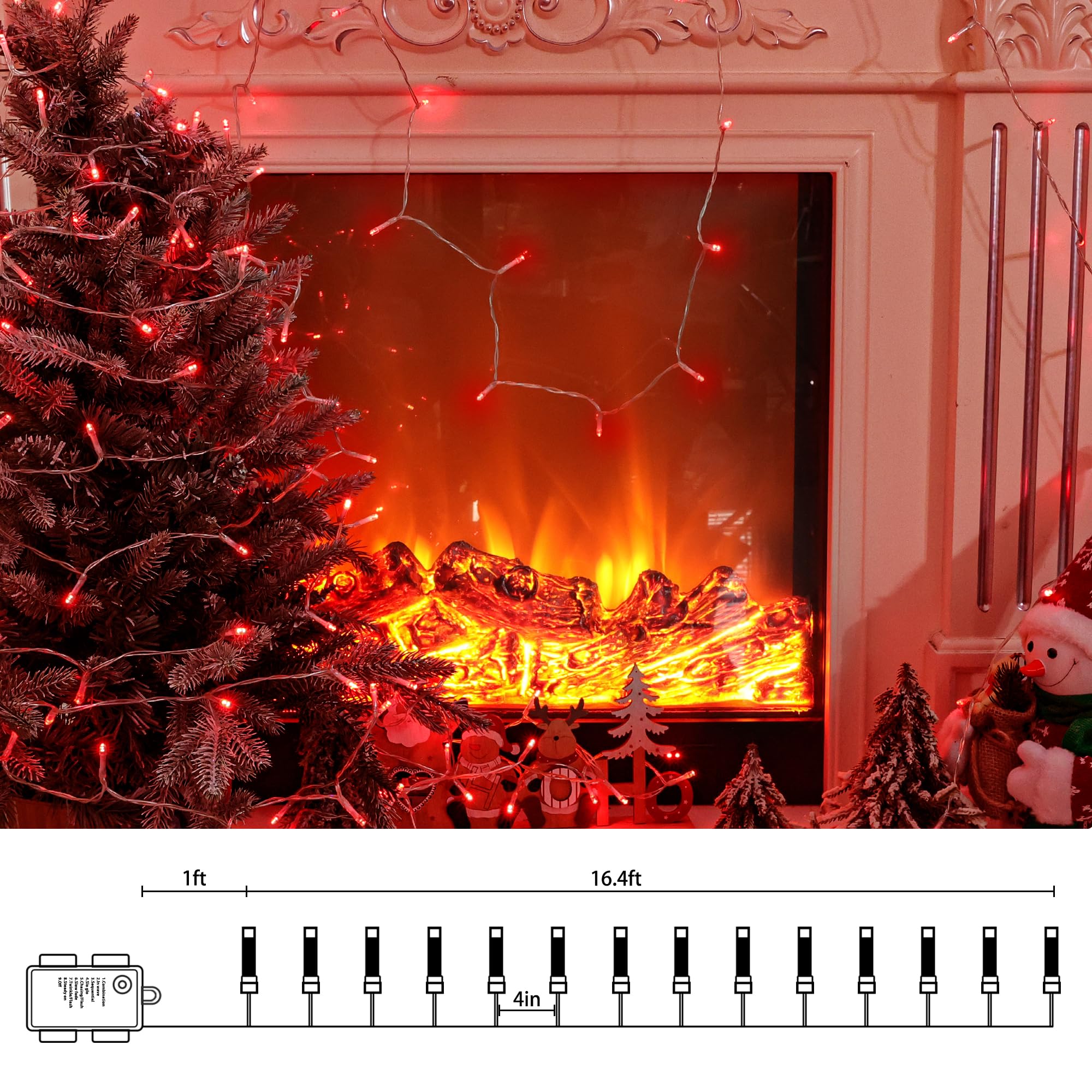 Lomotech Battery Operated Christmas Lights - 4 Pack Total 66Ft 200Leds String Lights 8 Modes Waterproof With Timer For Home  Garden  Party  Holiday  Tree Decoration (Clear Wire  Red)