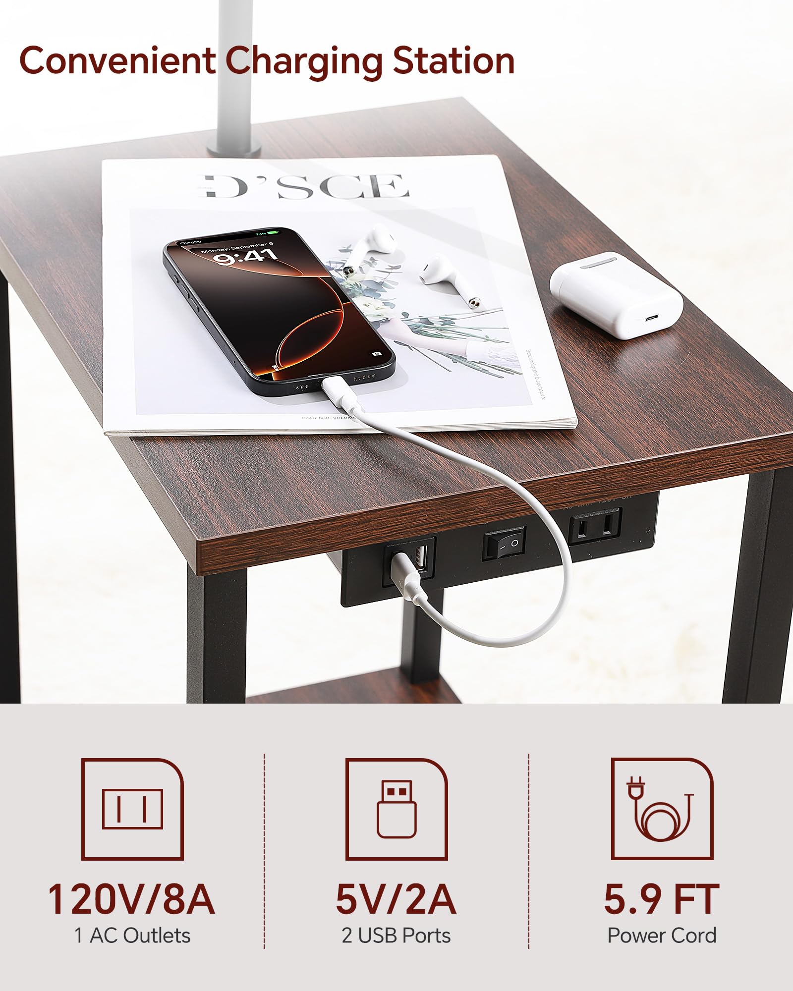 SUNMORY Floor Lamp with Table, Rustic End Table Lamp, Charging Station, 3-Color LED Bulb, Walnut Brown Wood
