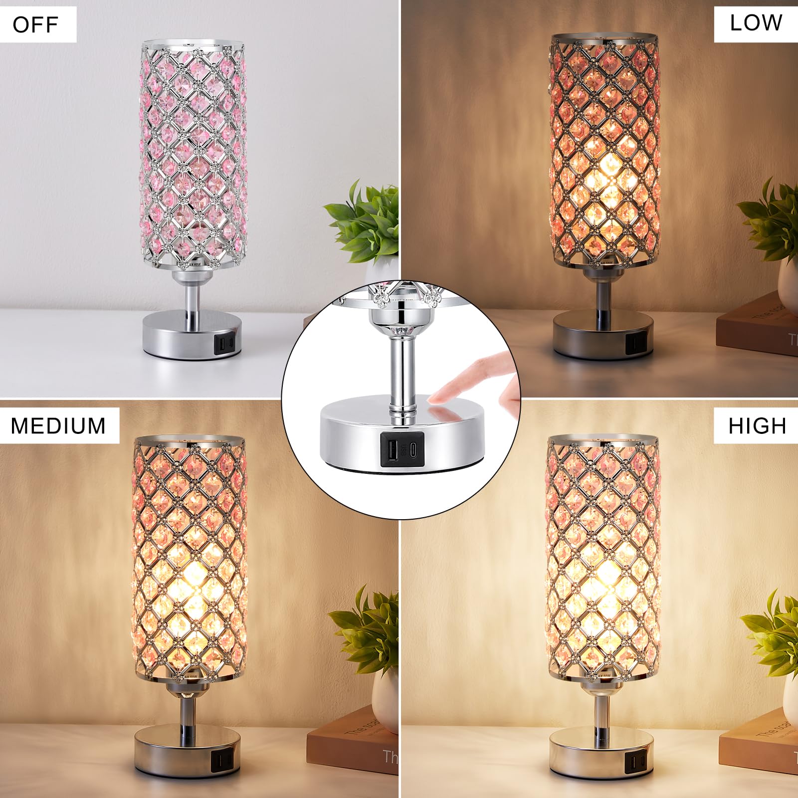 Hong-In Crystal Table Lamp, Pink Touch Lamp With Usb C+A Ports, 3 Way Dimmable Bedroom Light With Crystal Shade, Bedside Nightst
