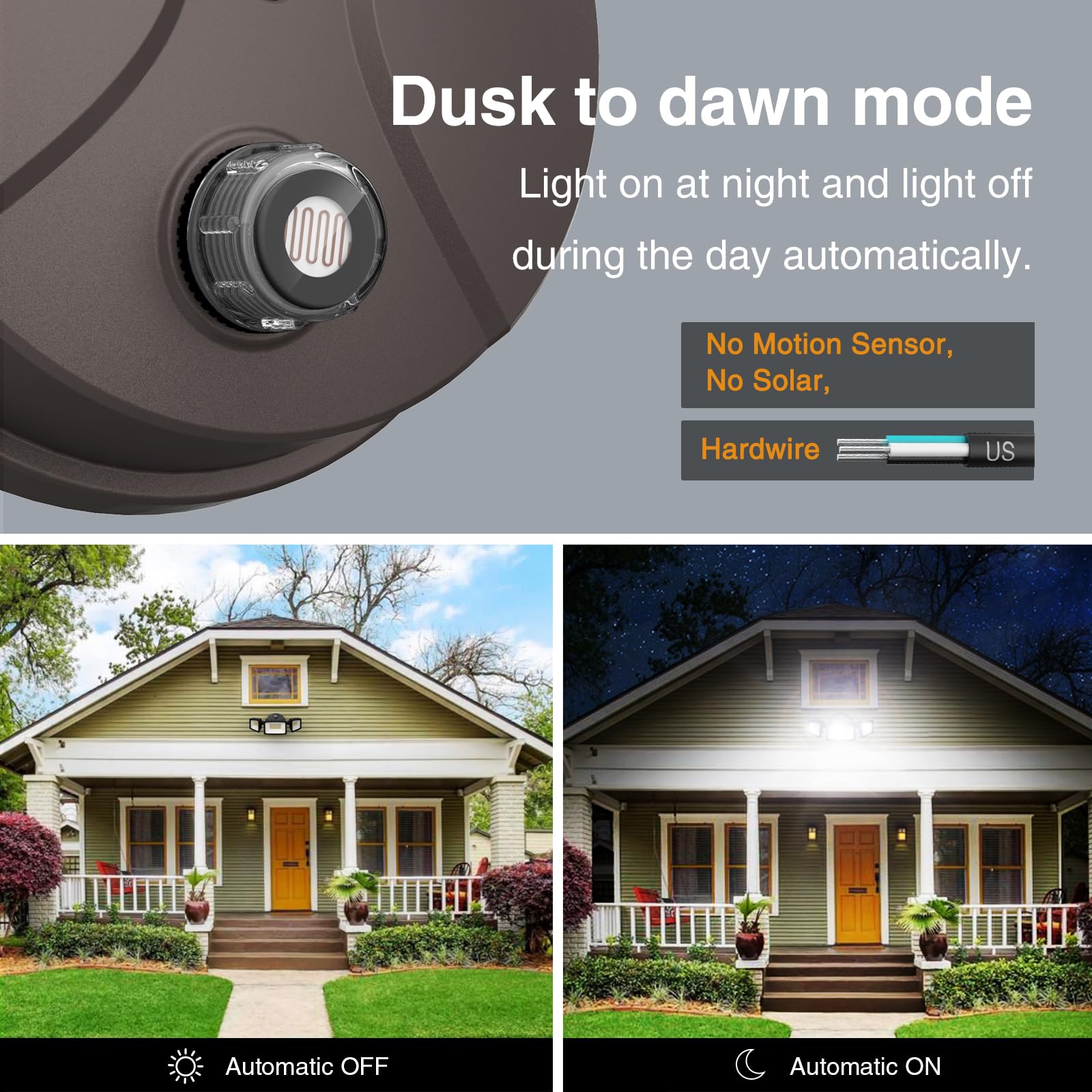 Onforu 60W LED Dusk to Dawn Flood Light, 6000LM, IP65 Waterproof, 3 Adjustable Heads, 6500K, Brown, Model B60