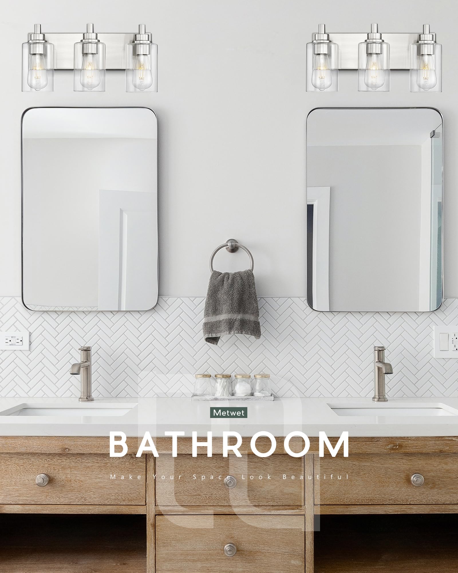 METWET 3-Light Brushed Nickel Bathroom Vanity Light Fixture, Clear Glass Shade, Model VL143-BN-3
