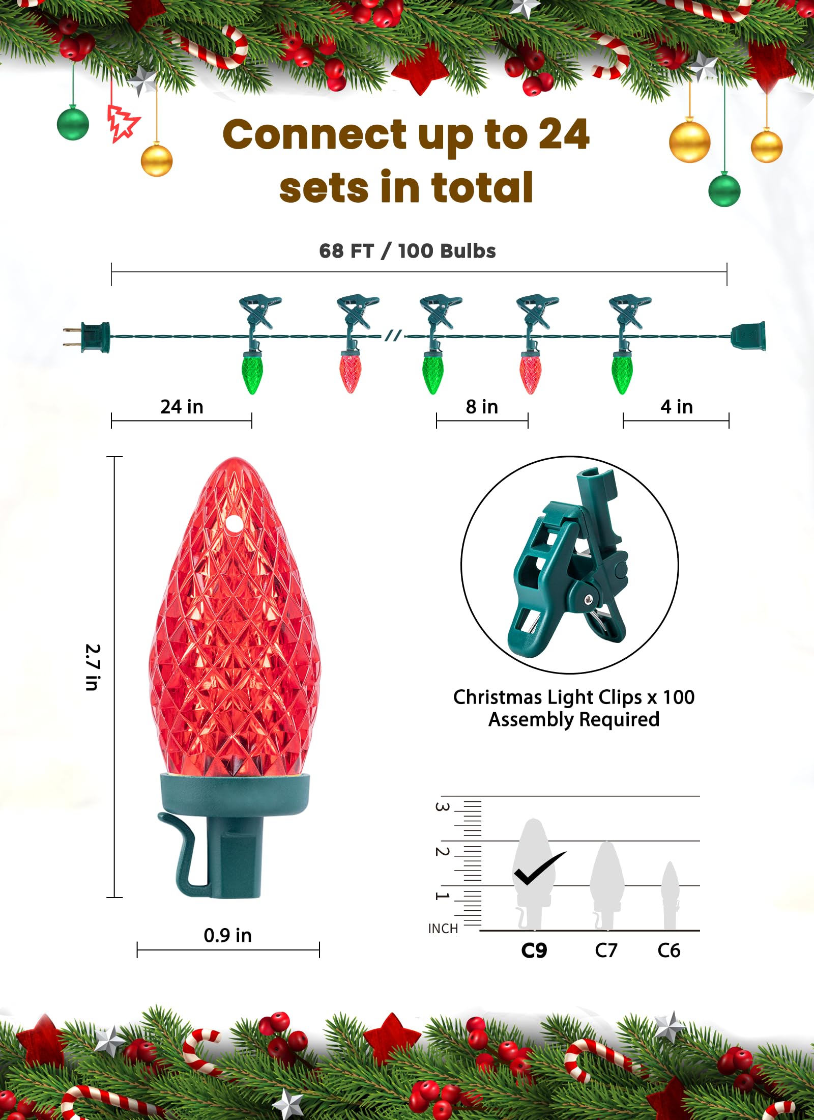 Brightown C9 LED Christmas Lights, 100 Waterproof Strawberry String Lights, 68 Ft, Red & Green, Model GY-C9-X-33-3B