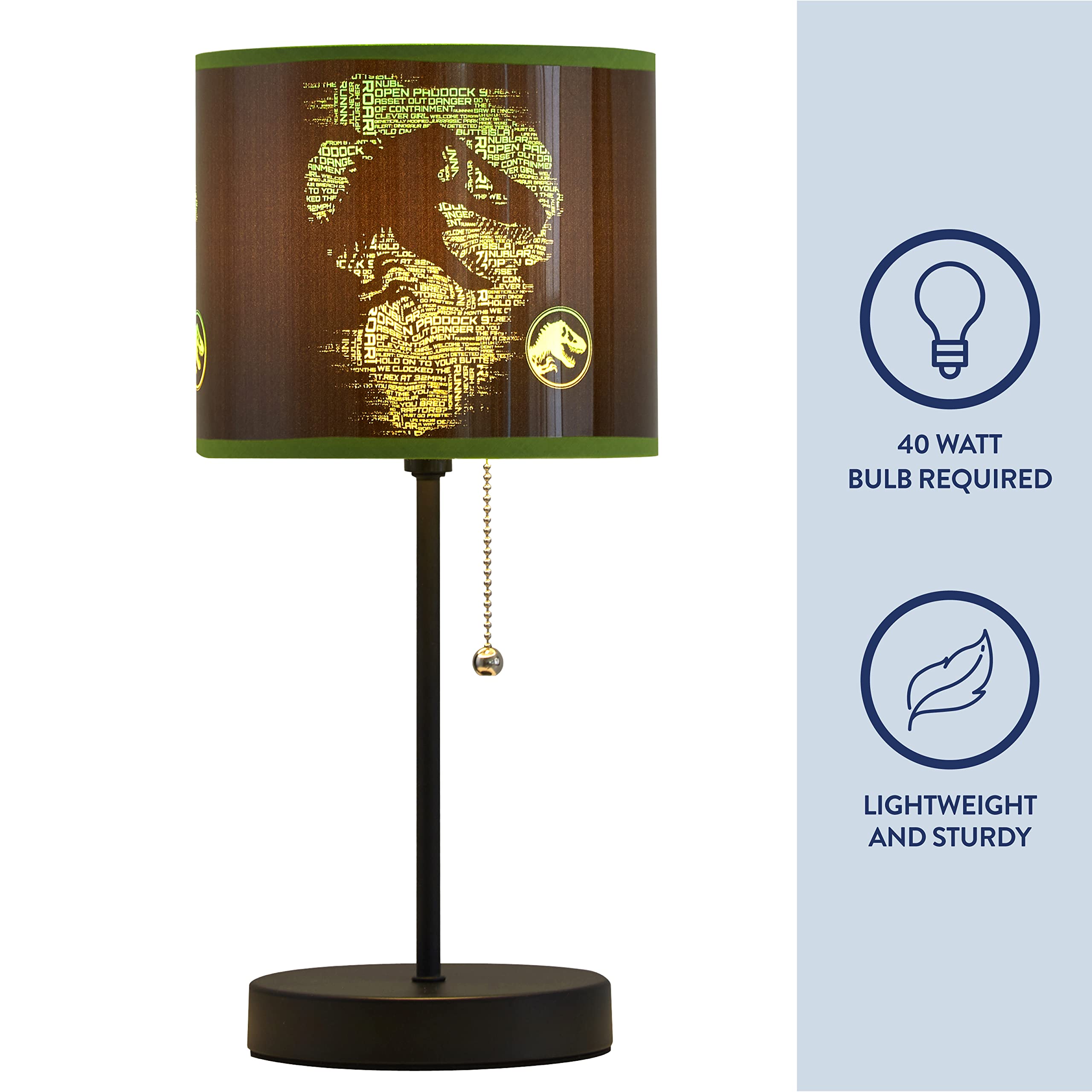 Idea Nuova Jurassic World Stick Table Kids Lamp, Metal, Themed Shade, Pull Chain, Model Nk430350