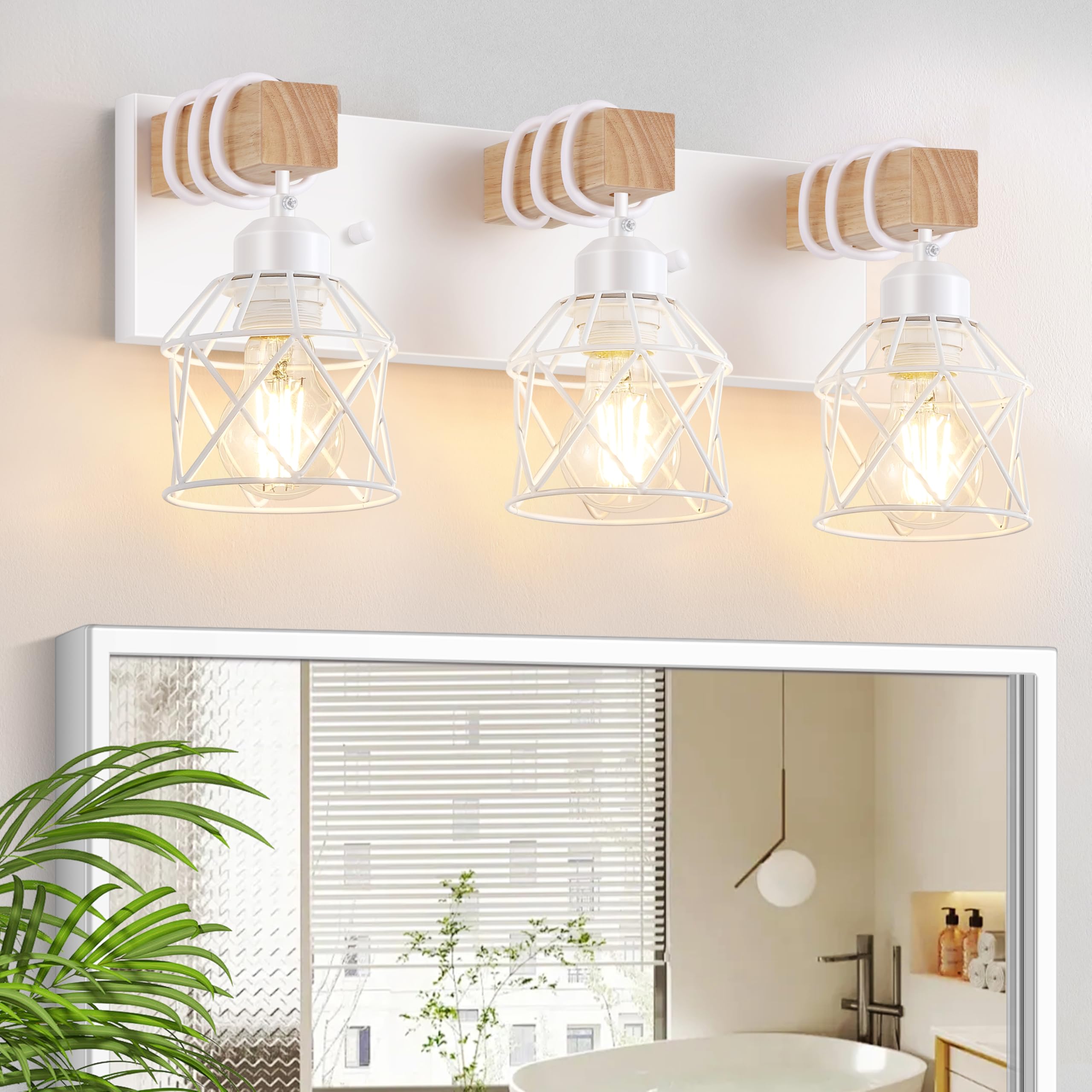 FadimiKoo 3-Light Farmhouse White Bathroom Vanity Light Fixtures  Rustic Wood Vanity Lights for Bathroom  Modern Bath Sconces Wall Lighting with Elegant Metal Shade for Mirror  Living Room  Bedroom