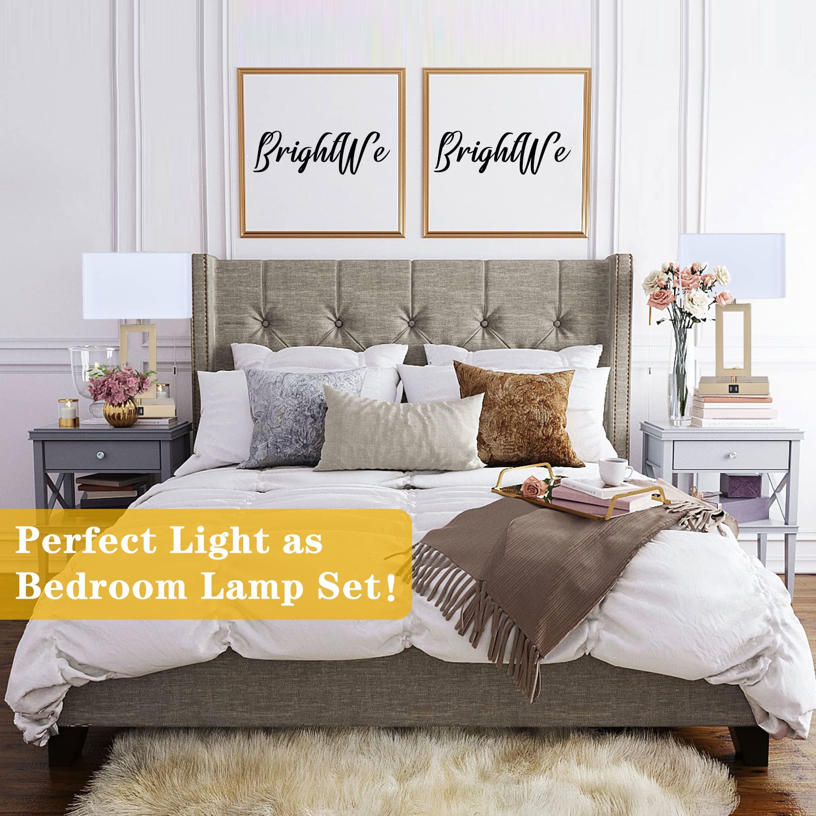 BrightWe Set of 2 Touch Control Table Lamps, 3-Way Dimmable, Medium Size, Metal, Gold & White, Model QL5166W-S, with Dual USB Ports