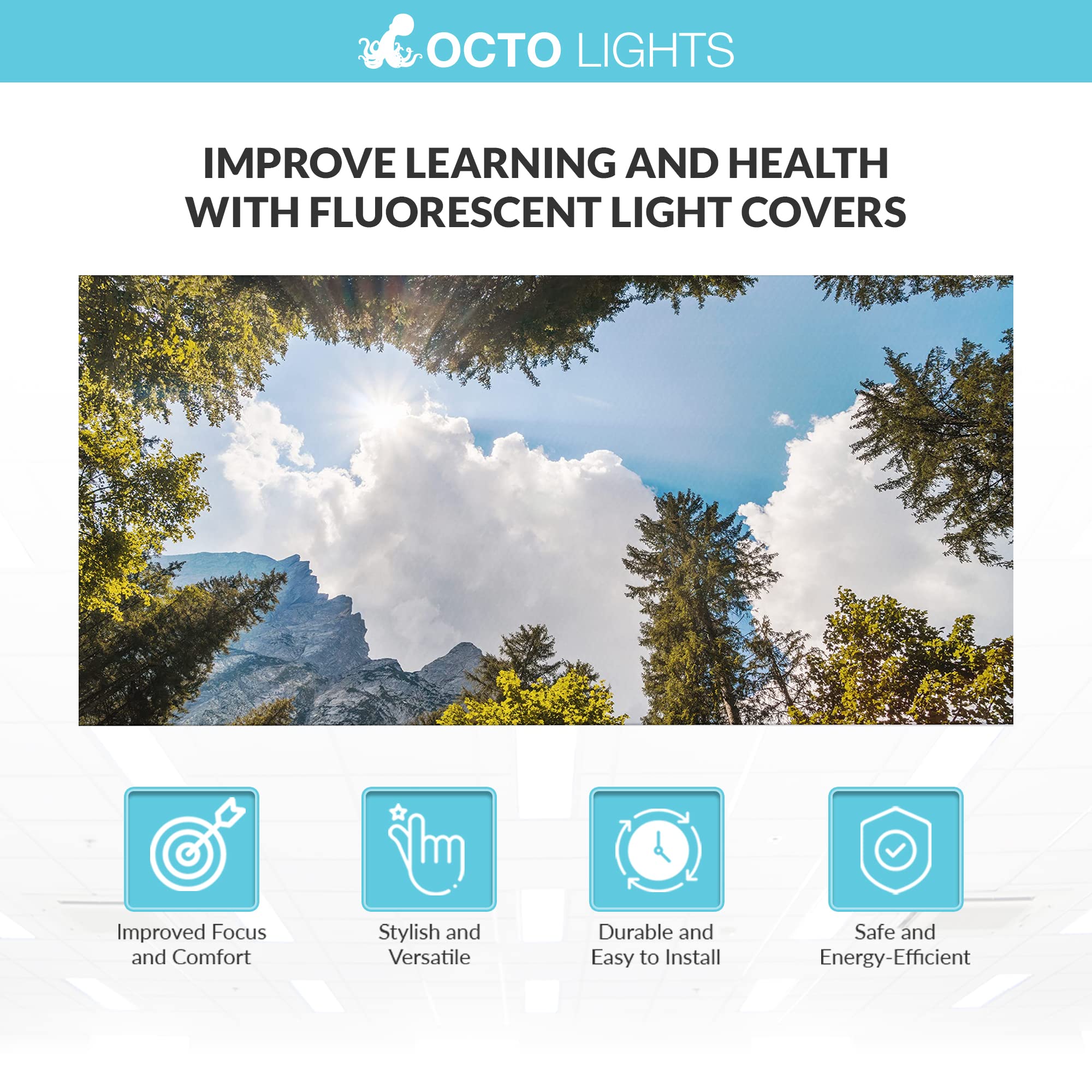 OCTO LIGHTS Fluorescent Light Covers - 2x4 Backlit Film - Tree Mountain Sky - Model TRE-009-2x4