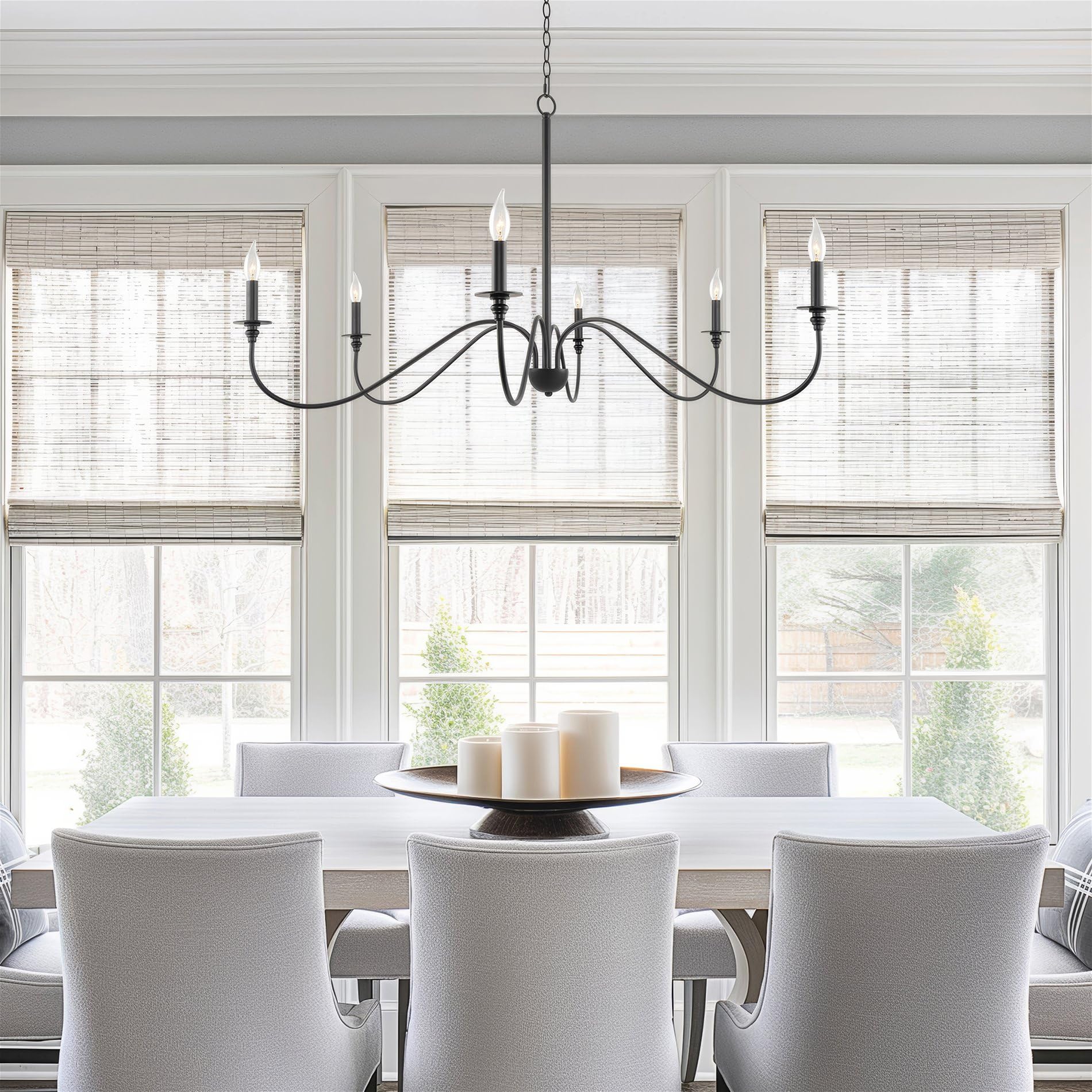 Kira Home Archer 47'' 6-Light Large Modern Chandelier + Curved Arms, Adjustable Hanging Height, Black Finish