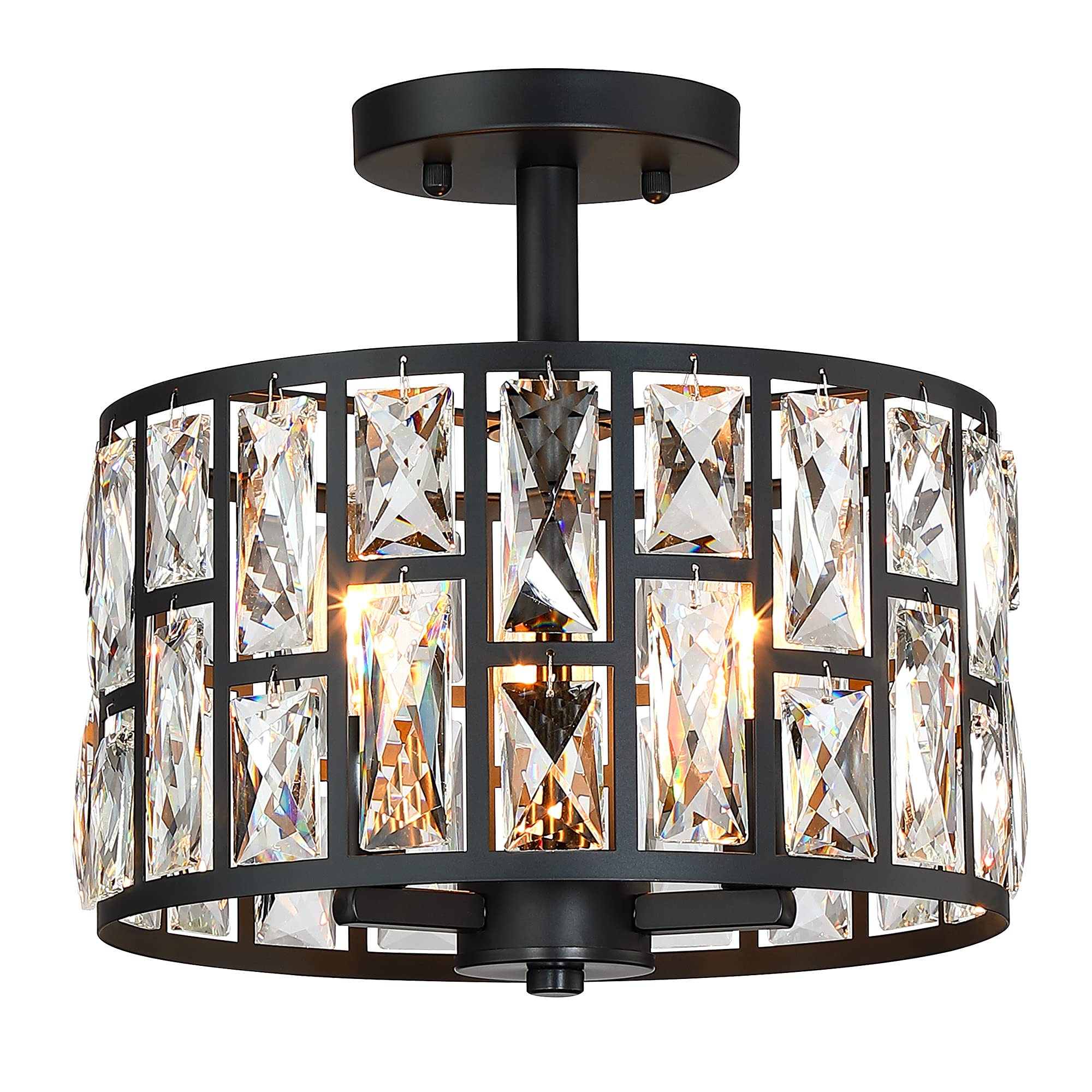 Mexo Black Farmhouse Crystal Semi Flush Mount Light Fixture, 3Lt Drum Shade For Home Decor