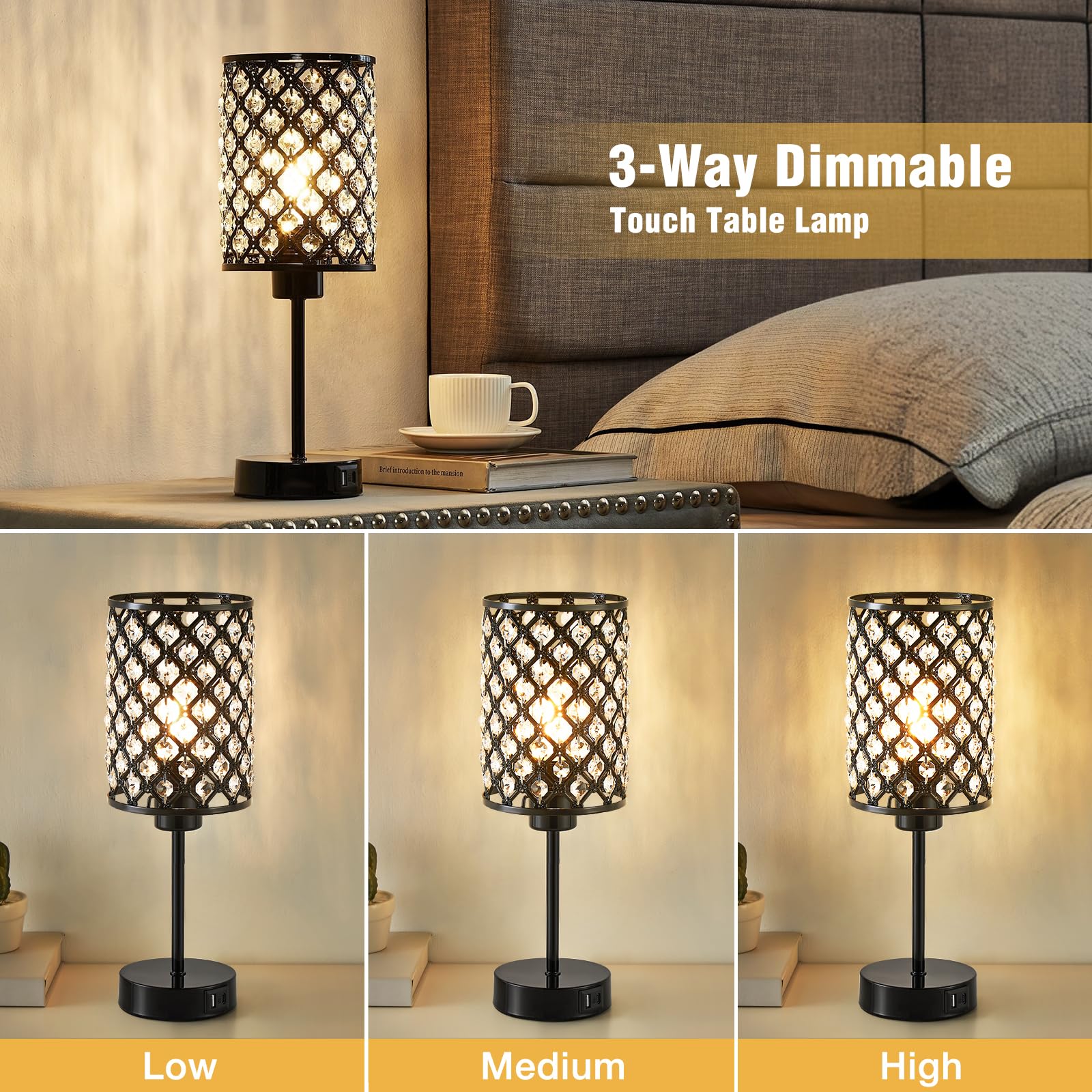 Gyrovu Crystal Table Lamp, Black Lamp For Bedroom Nightstand With Usb C+A Ports, 3 Way Dimmable Touch Lamp With Crystal Shade, B