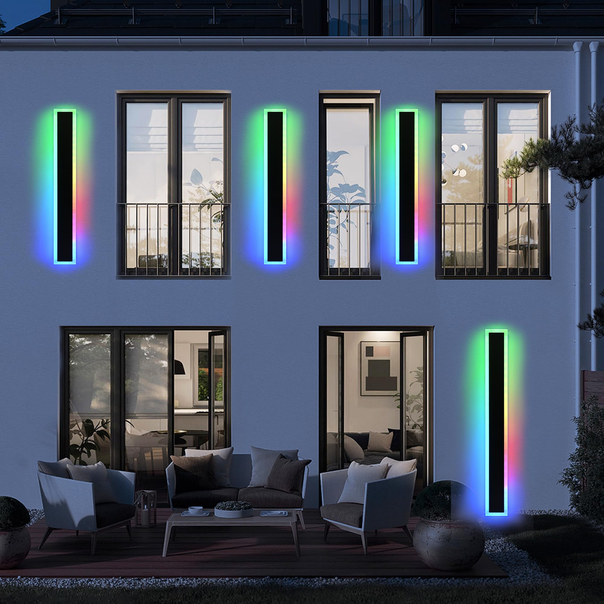 MELUCEE 2 Pack 40in Long Outdoor LED Wall Lights IP65 Waterproof Modern RGB Exterior Wall Light Fixture Black for Courtyard Gara