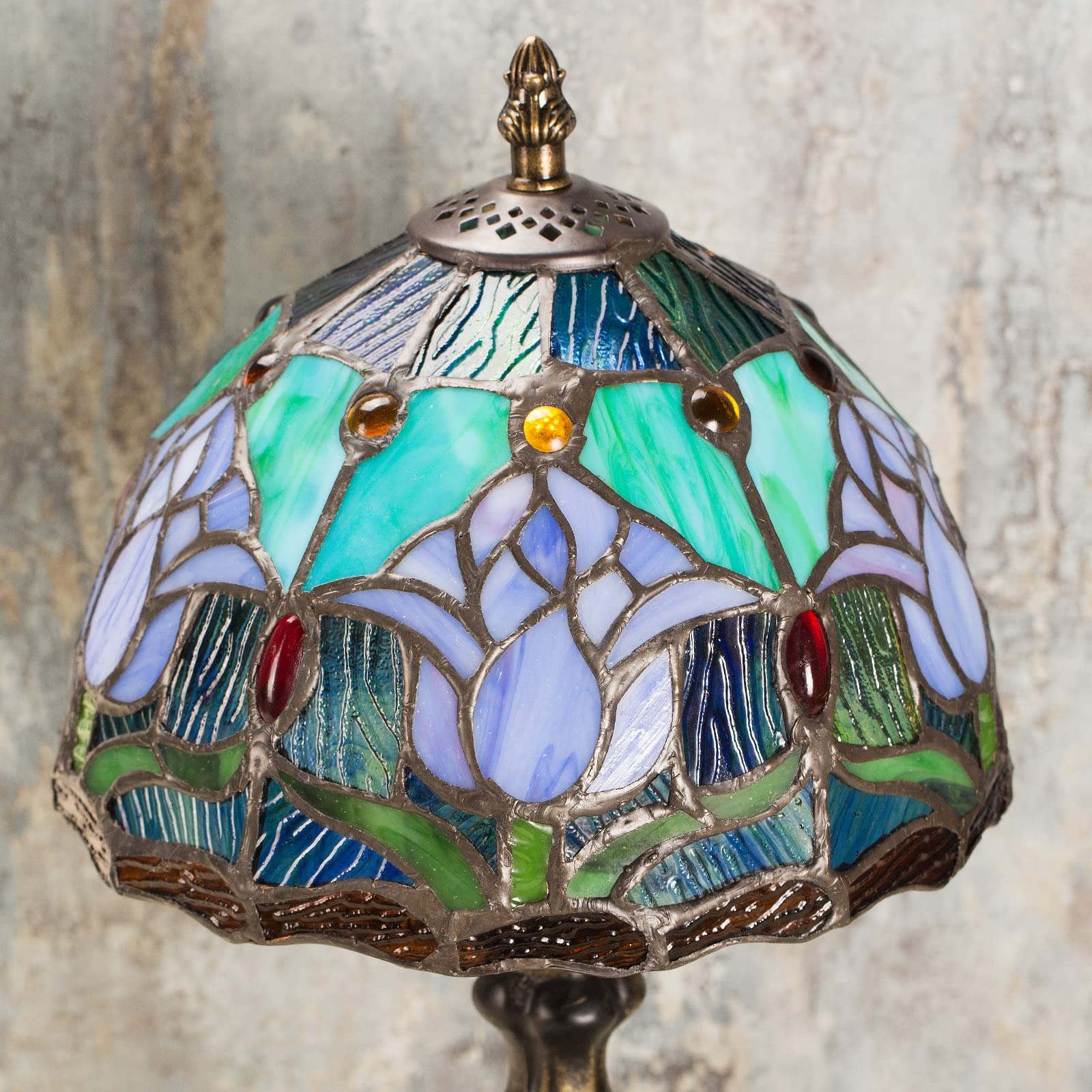 Miaoke Stained Glass Lamp Stained Glass Table Light  Handmade Desk Bedside Table Night Lamp  Antique Art Craft Gifts Lover Kid Living Room Bedroom Study Bookcase Desk Ligh-Blue Tulip