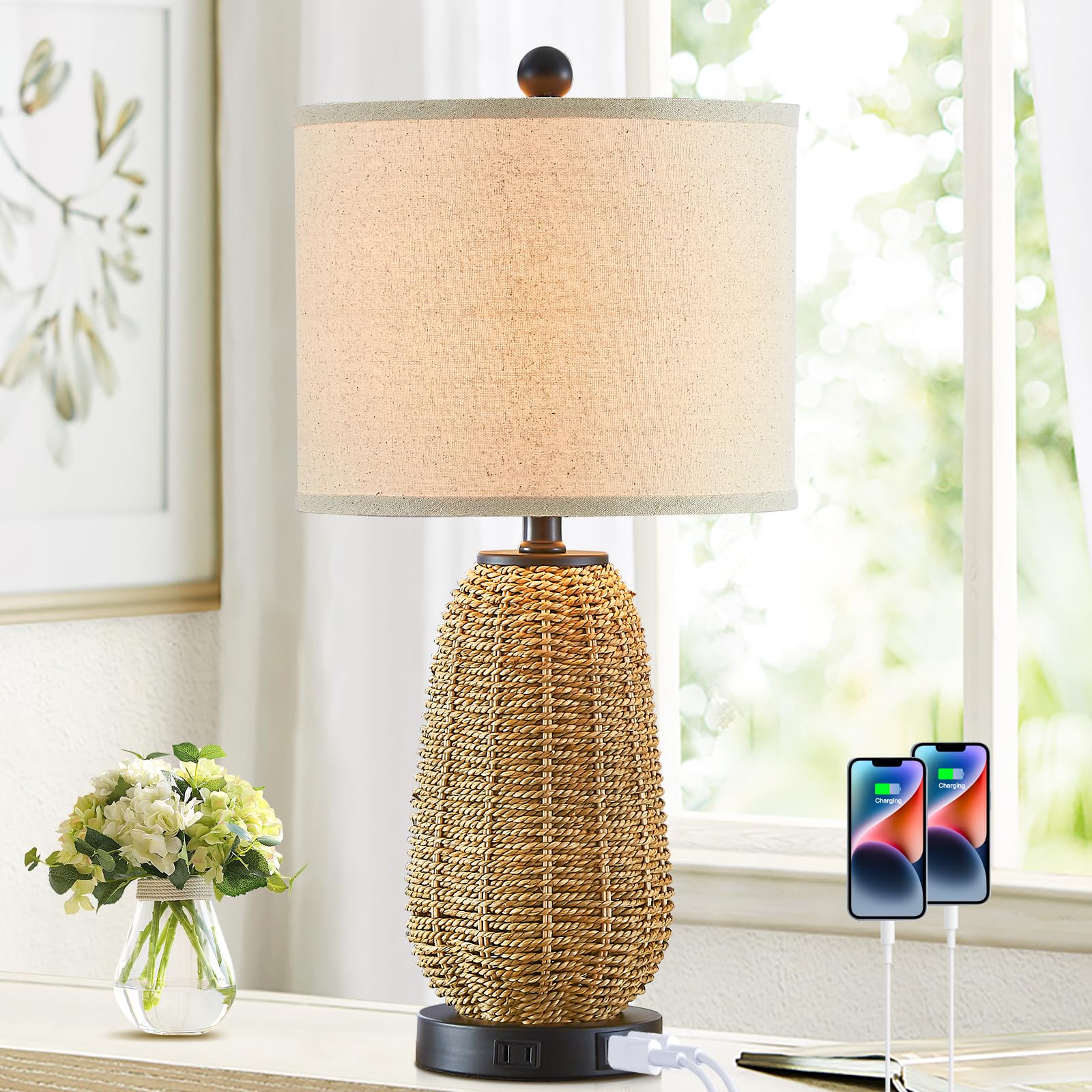 Cinsary Touch Control Rattan Table Lamps, 3 Way Dimmable Bedside Lamps For Bedroom With 2 Usb Ports And Ac Outlet, Grass Rope Ni