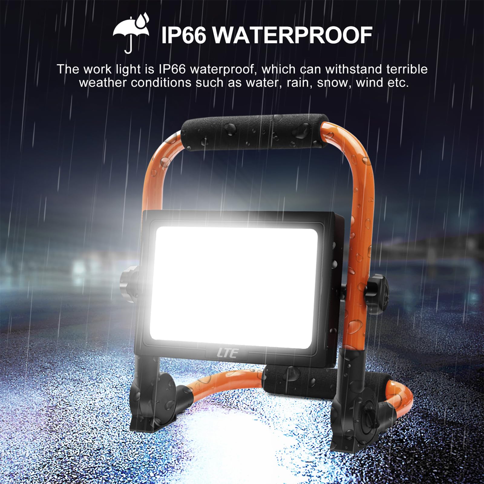 LTE 50W LED Work Light, 4300LM, IP66 Waterproof, 5000K Daylight, 16.4FT Cable, Orange