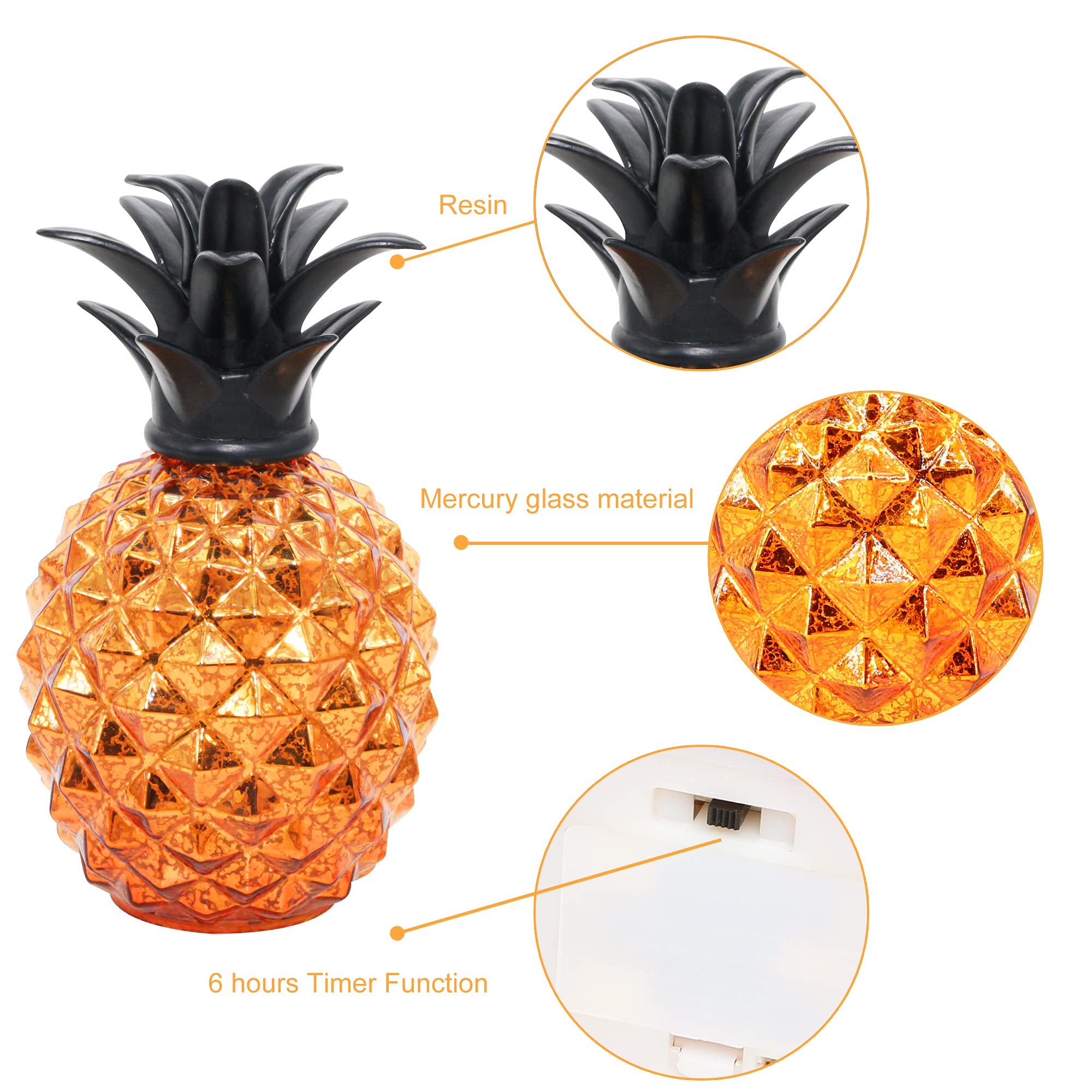 Romingo Pineapple Lamp - 9 Inch Orange Mercury Glass, Battery Operated Night Light with Timer, Perfect Gift for Women