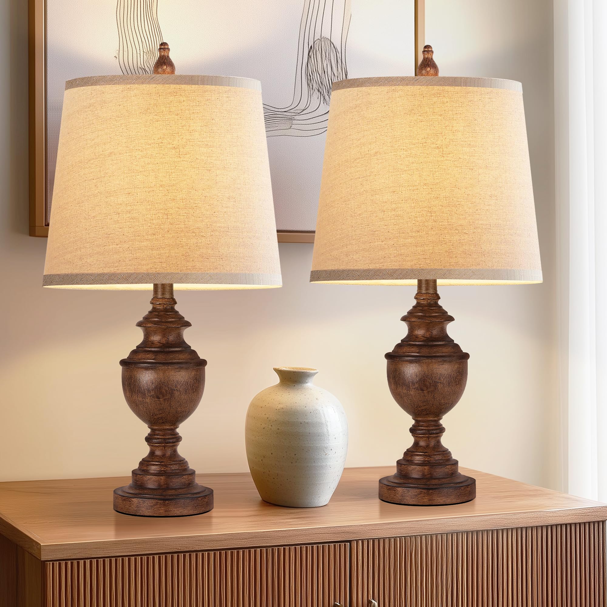 PARTPHONER Retro Table Lamps Set of 2, Vintage Nightstand Lamps, Wood Grain, Resin, White Shades, Model PALP453AO2
