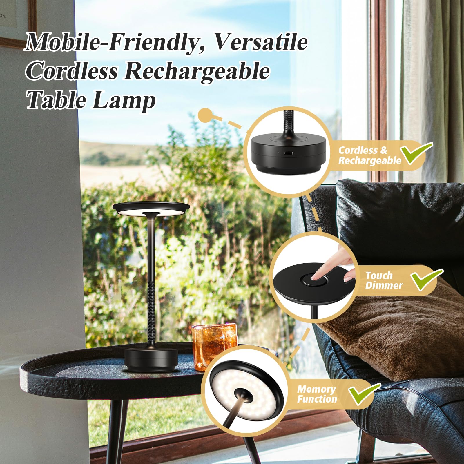 Cordless Table Lamp, 5000Mah Rechargeable Table Lamp, Battery Powered Lamp With 3 Color Stepless Dimming, Portable Led Desk Lamp