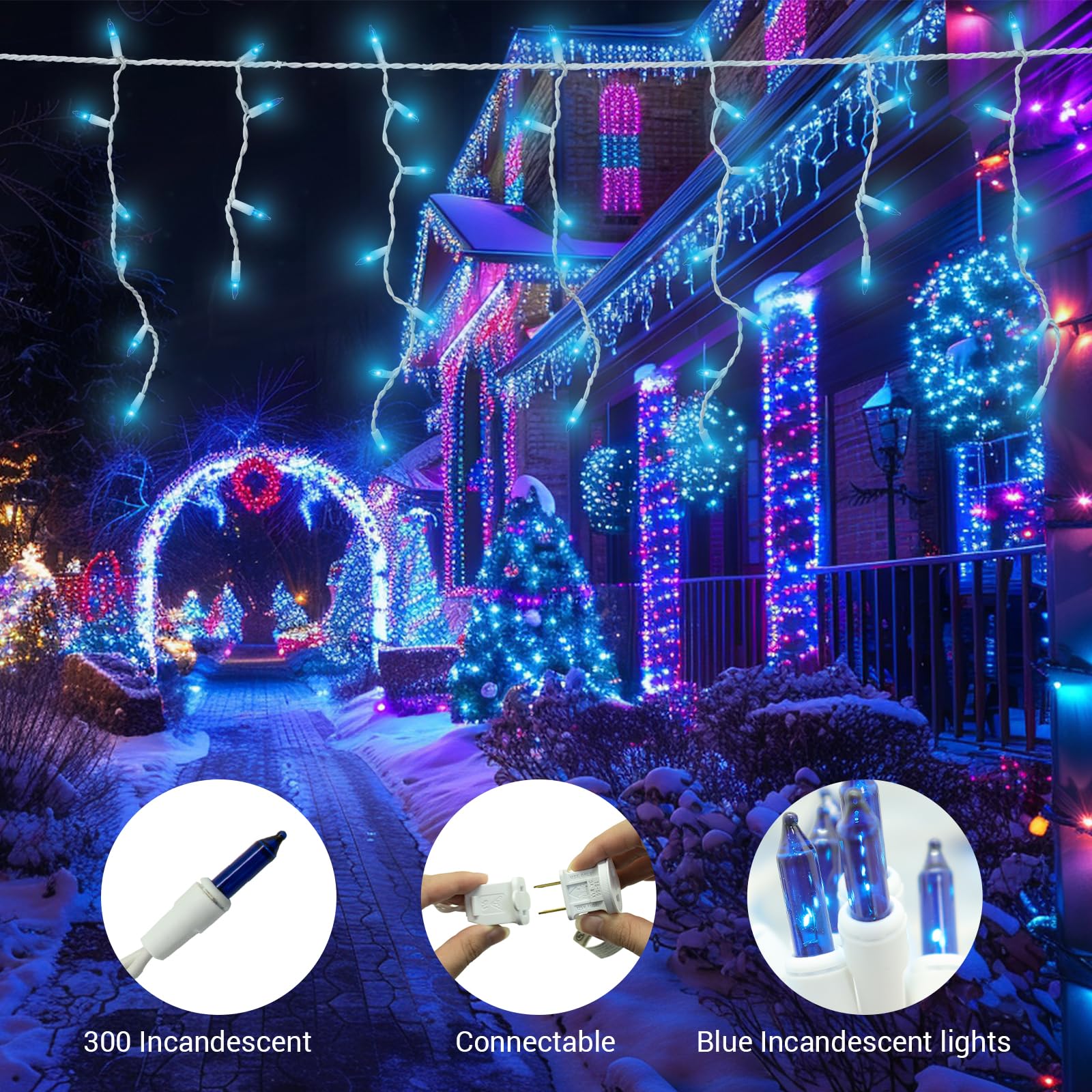 new one 2 Pack Icicle Lights, 17.67 FT 300 Incandescent Blue Icicle Christmas Lights with White Wire, 3 Connectable Icicle Strin