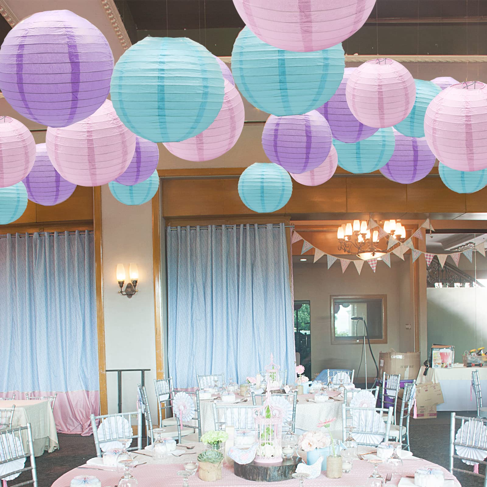 Paper Lanterns Party Decorations, Pink Purple Blue Round Hanging Lantern For Mermaid Theme Girl Birthday Party Wedding Baby Show