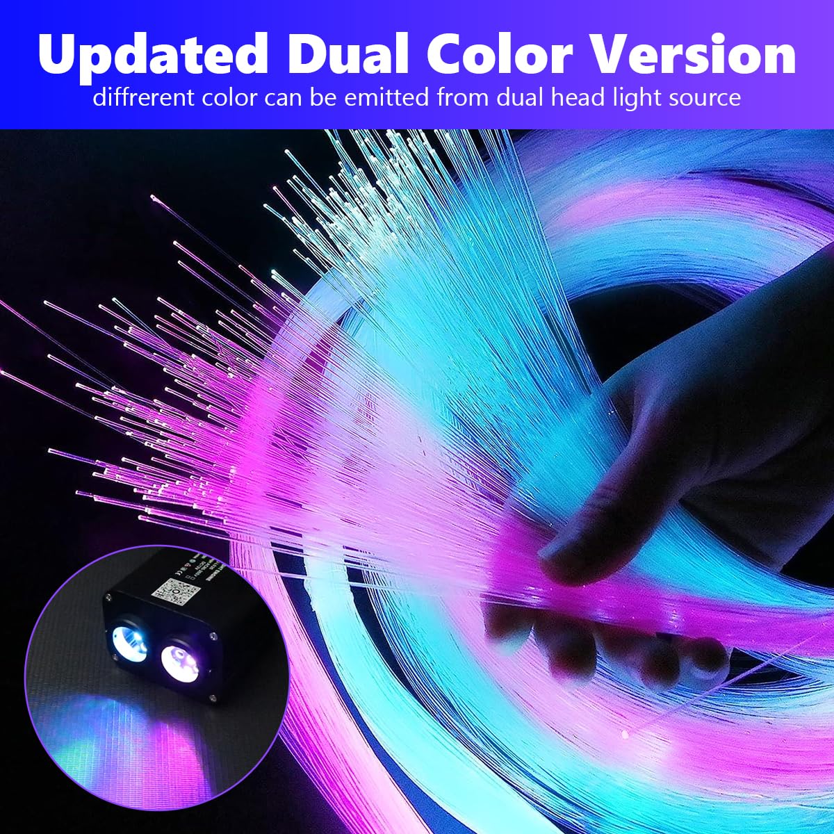 AMKI 20W Dual Color Twinkle Starlight Headliner Kit, 1100pcs Fiber Optic Ceiling Light, Sound Activated, Black, Model QJ-L020