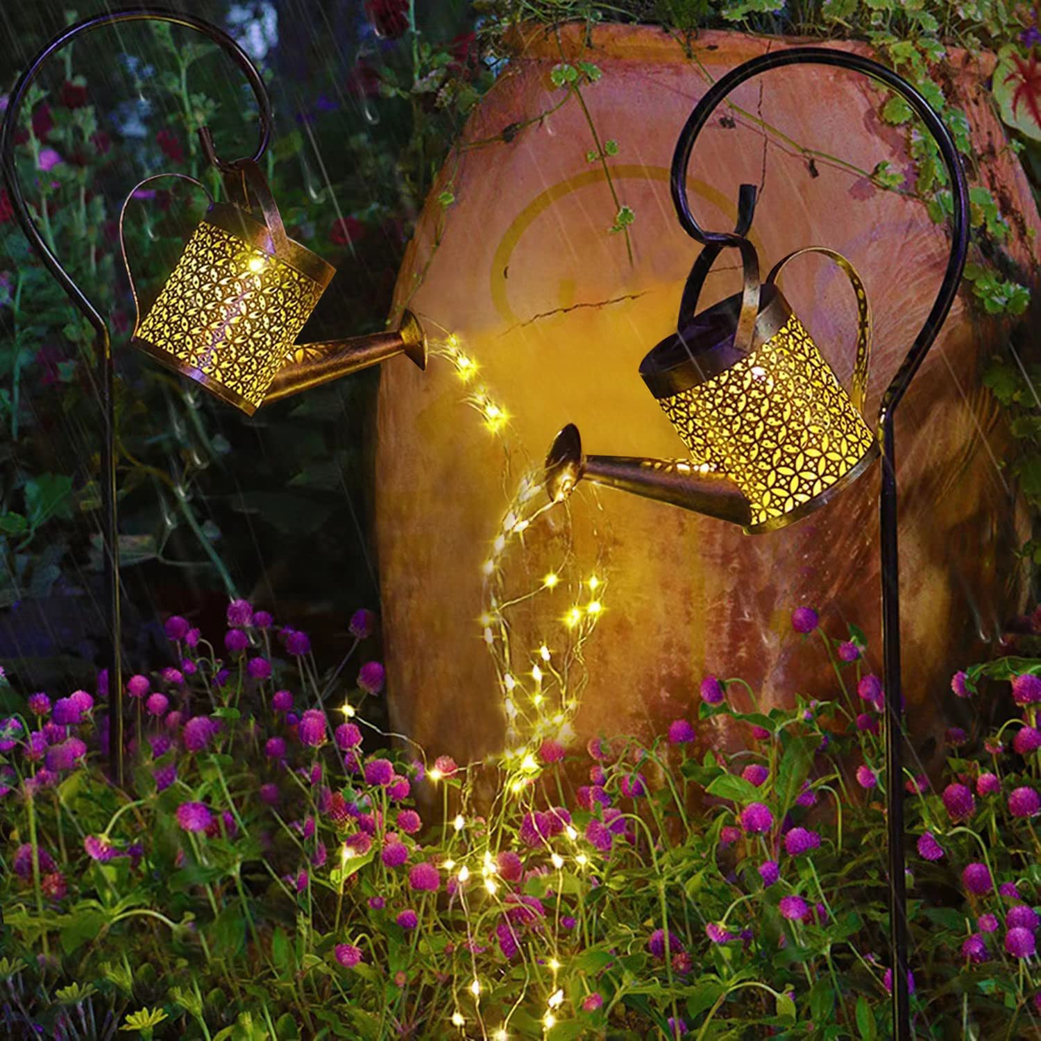 HUYIENO Solar Garden Lights - 2 Pack Hanging Lanterns, Metal Watering Can Design, Warm LEDs, Shepherd Hook for Patio and Yard