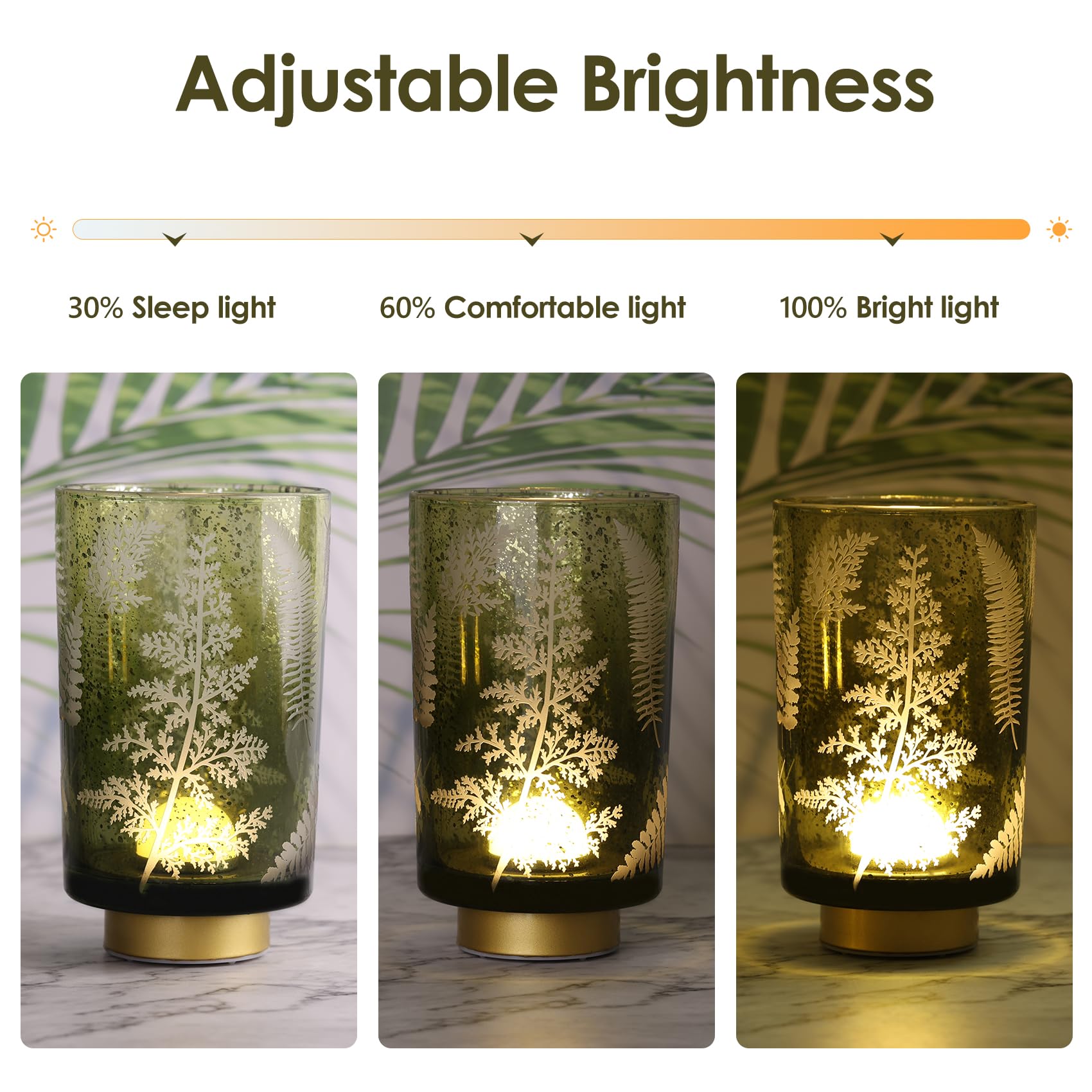 Eywamage Large Battery Operated Glass Table Lamp - Boho Green Ferns Mood Light with Remote, Cordless Accent Lamp, Model MA033