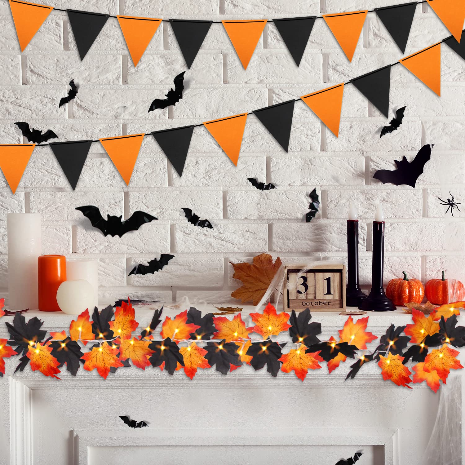 50 Led 16.4Ft Halloween Decorations Fall Garland String Lights With Timer And Remote, Lighted Black Maple Leaves Garlands Decor With Banner, Battery Operated Fall Lights For Home Party Indoor Mantle