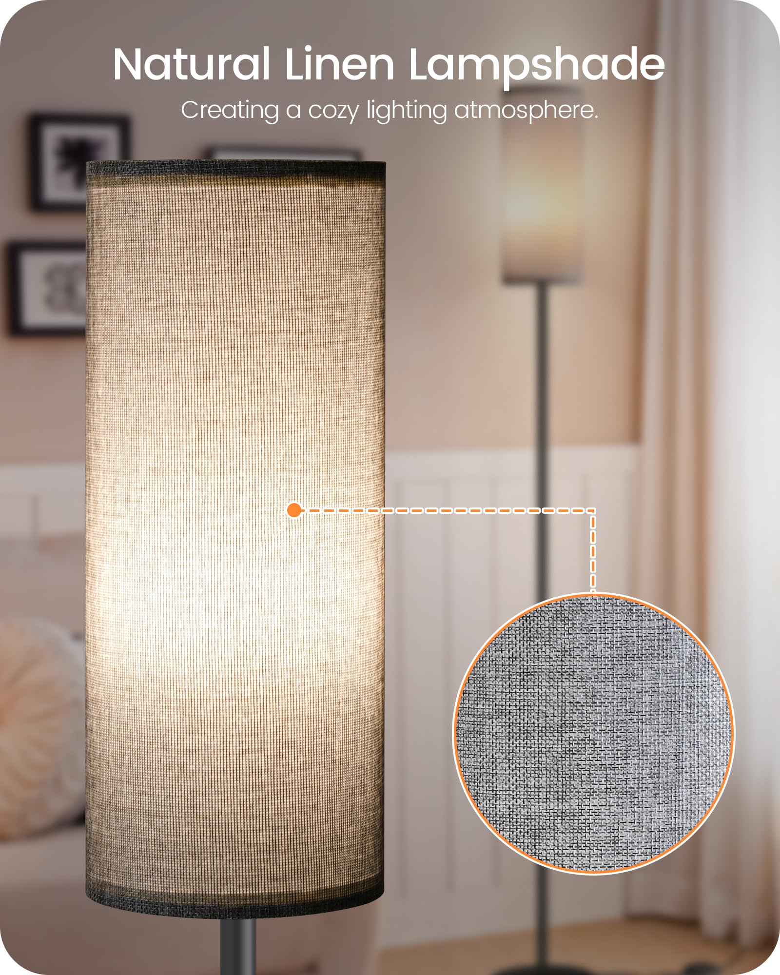 Goebleson Dimmable Corner Floor Lamp With Remote, 66'' Linen Shade, 10W Led, Gray