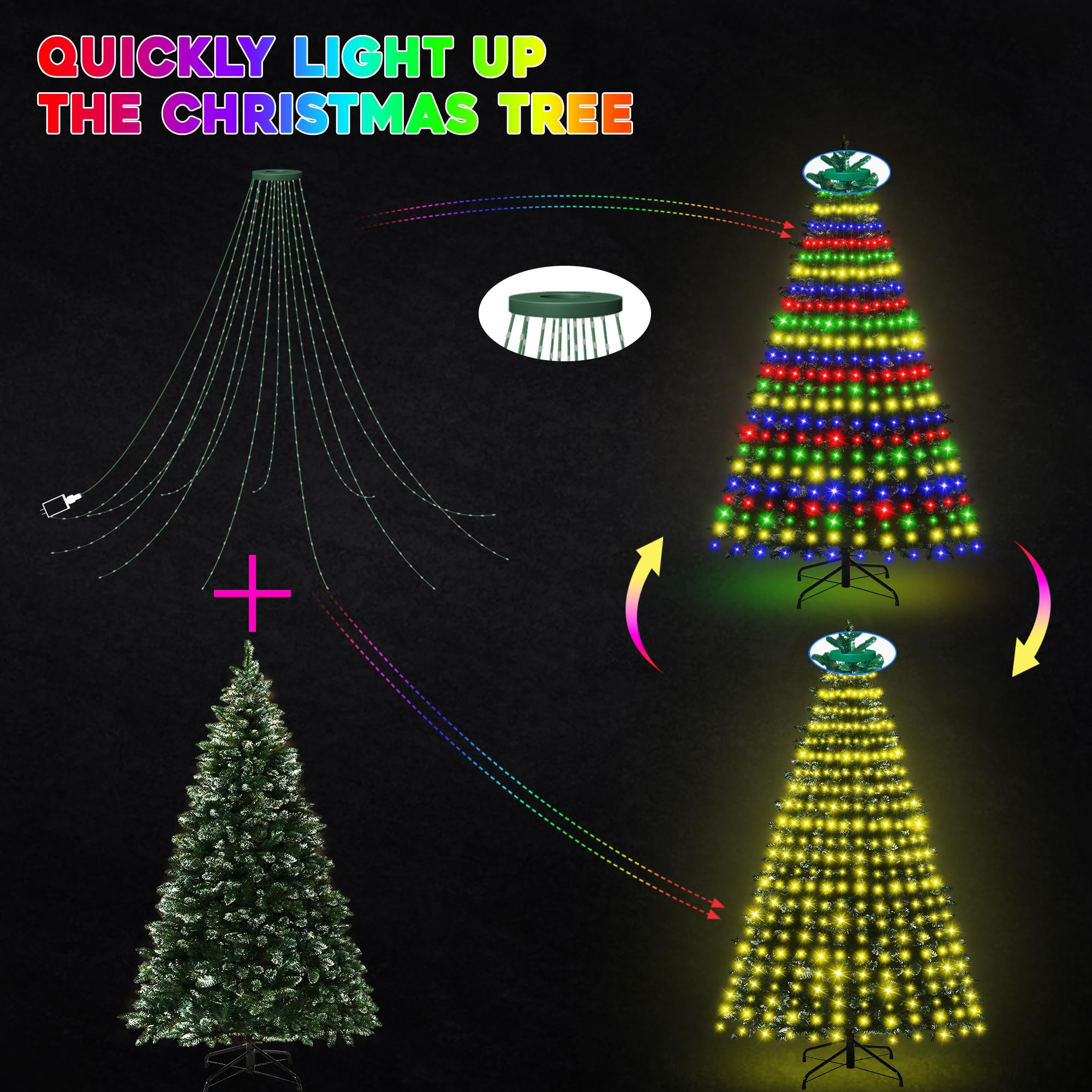 30+ Modes Ring Christmas Tree Lights Indoor Outdoor - 7.05Ft X 12 Lines 312 Led Easy App Control Color Changing Timer Remote Waterproof For 6 7 Ft Xmas Trees (Warm White To Multicolor)