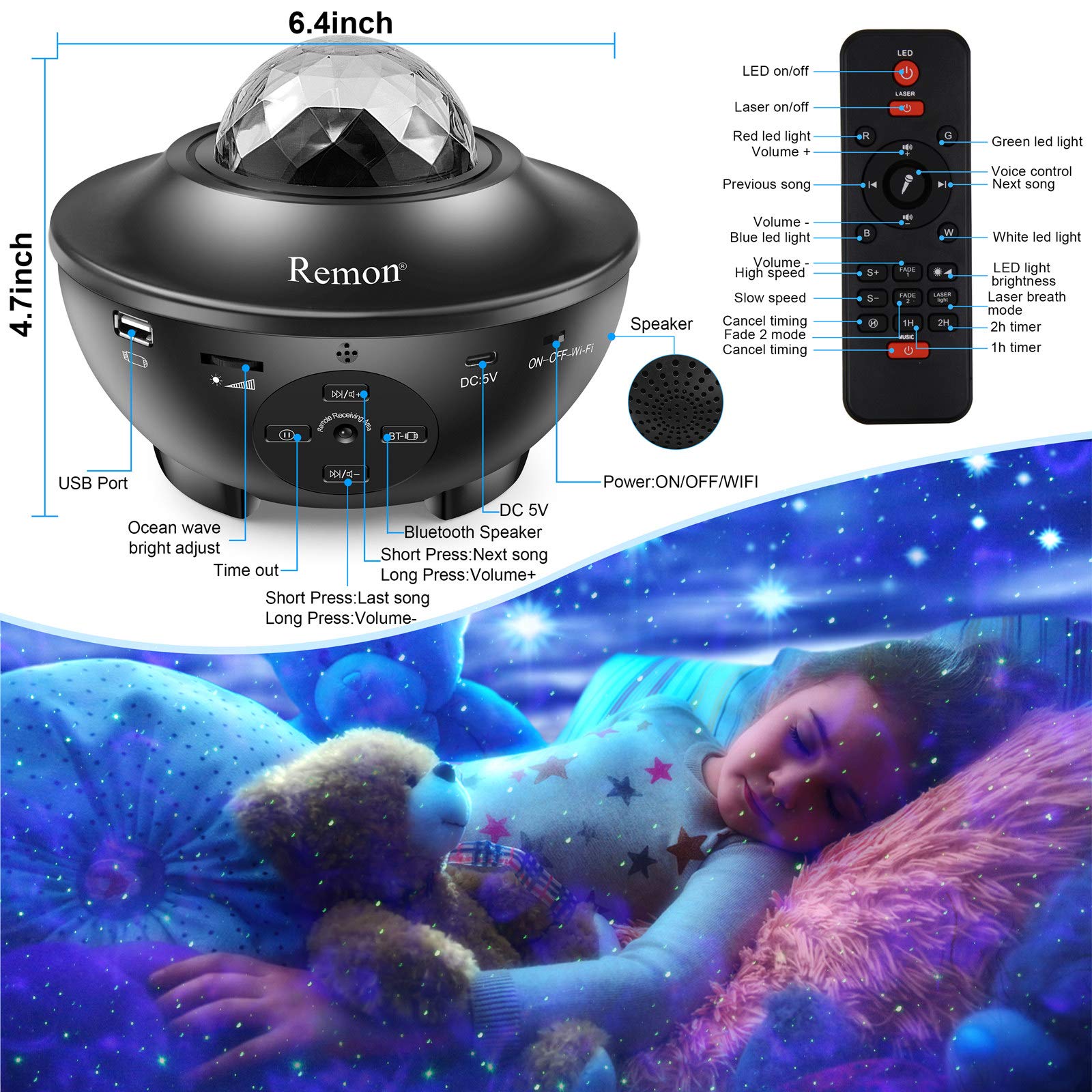 Remon Galaxy Projector Night Light - 10 Colors, Bluetooth Speaker, Alexa/Google Home Compatible, Black, Model BL-XK01