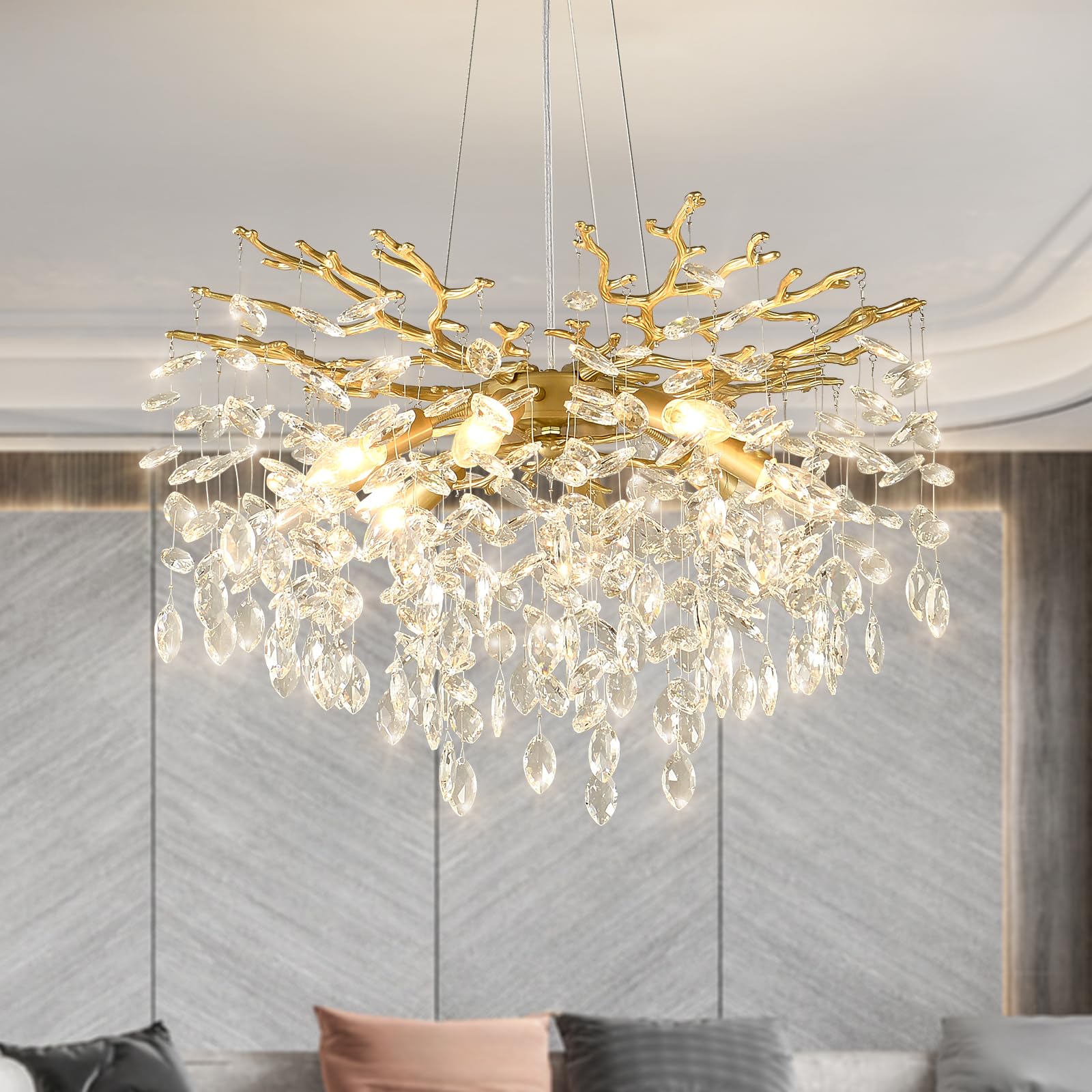 Egm Gold Crystal Chandelier, 24-Inch Modern Raindrop Light Fixtures 8-Light, Hanging Round Gold Dining Room Crystal Chandelier, 