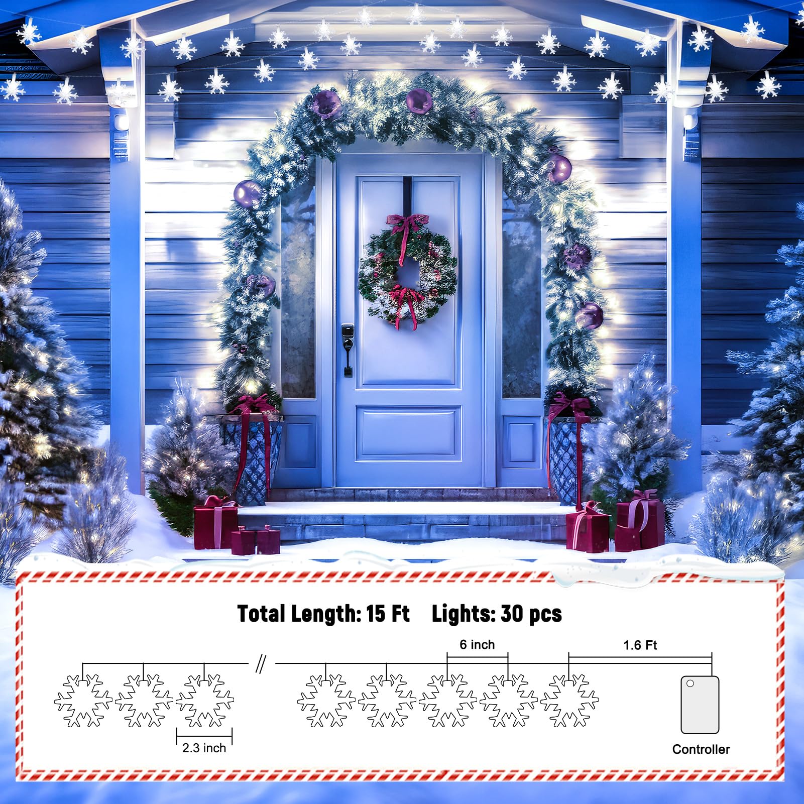 Minetom 2 Pack Christmas Lights, 14 Ft 30 LED Snowflakes, Waterproof, Pure White