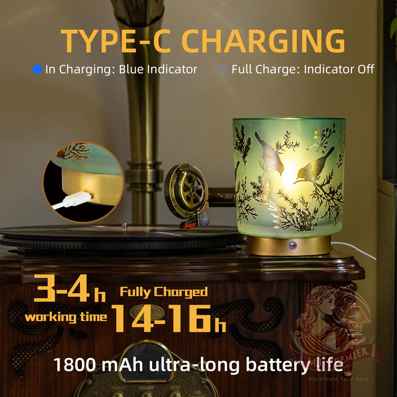 Mj Premier Cordless Rechargeable Glass Table Lamp - Touch Control Dimmable Portable Accent Light