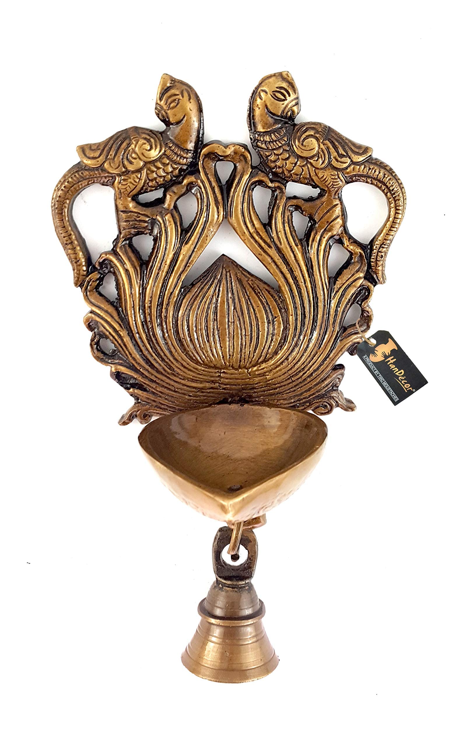 Two Moustaches Ethnic Design Twin Peacock with Bell Brass Wall Hanging Diya, Brass Hanging Diya, Brass Deepam, Diyas for Decorat