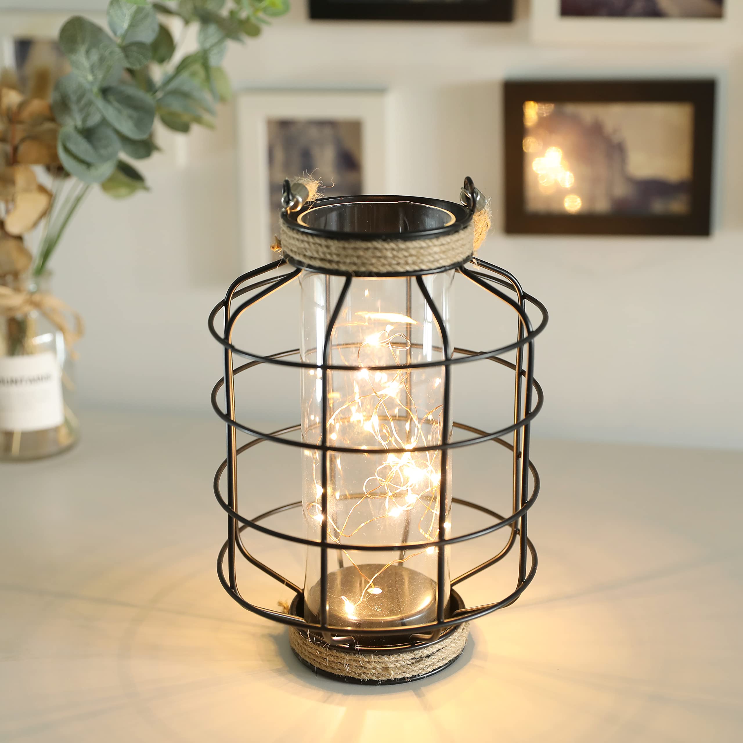 JHY DESIGN Metal Cage LED Lantern Battery Powered,9.4 Tall Cordless Accent Light with 20pcs Fairy Lights Great for Weddings Part