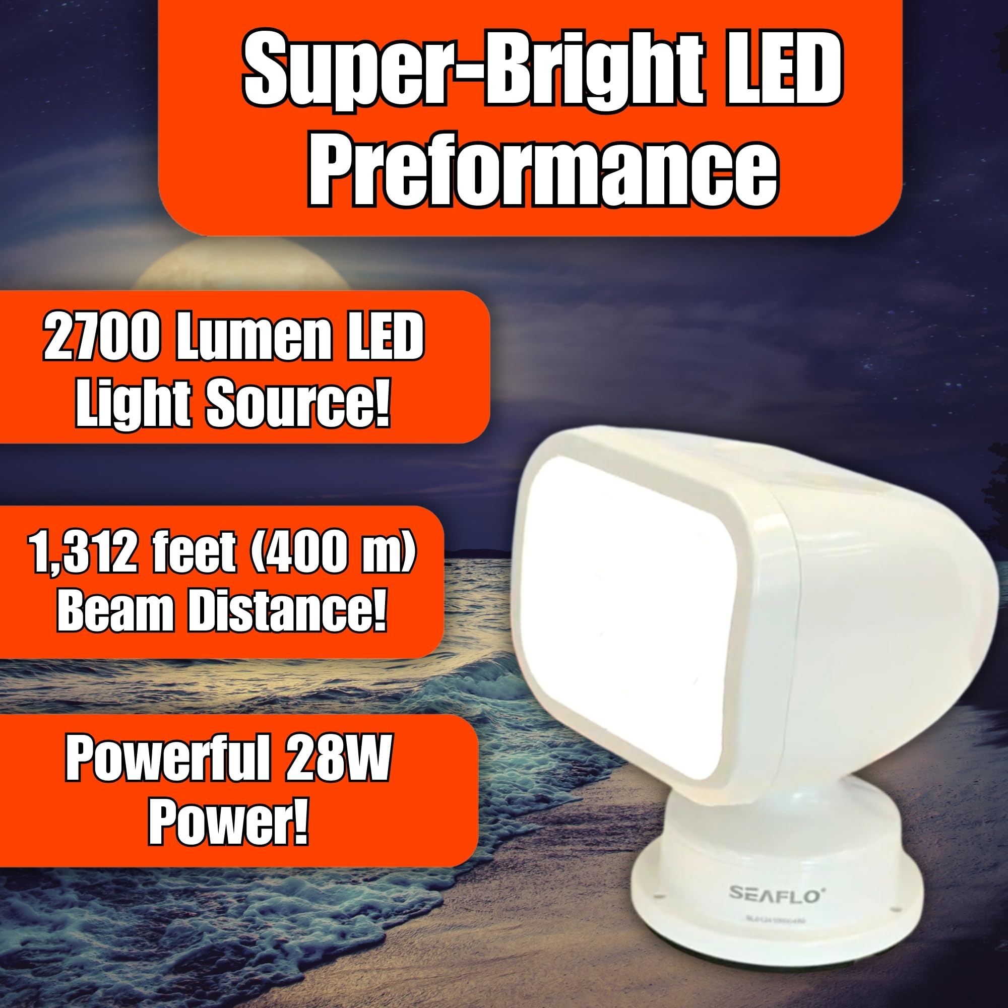 SEAFLO 360° Rotating Remote Control LED Searchlight, IP66 Waterproof, 5500K White Light, Wired Remote, Model SFSL-2700W-01W