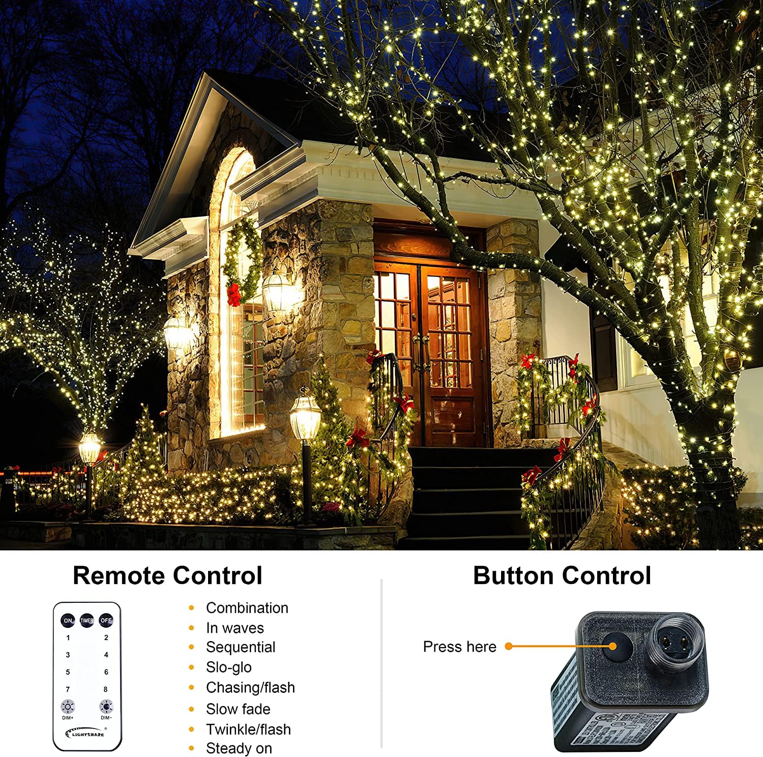 LIGHTSHARE 1000LED String Lights, Warm White, 328FT, 8 Modes, Green Wire, Model LZZK-IR21-13-01