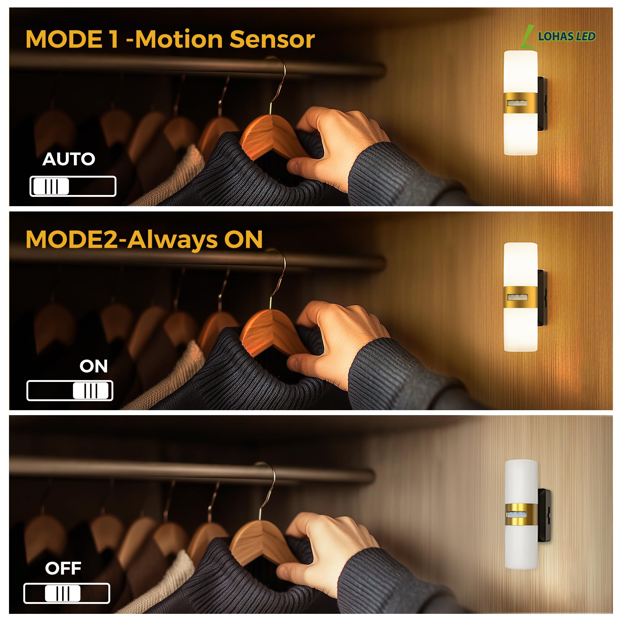L LOHAS LED Motion Sensor Night Light, Rechargeable, Adjustable Brightness, Gold, Model GY16402BA-3000K, Cordless, 1 Pack