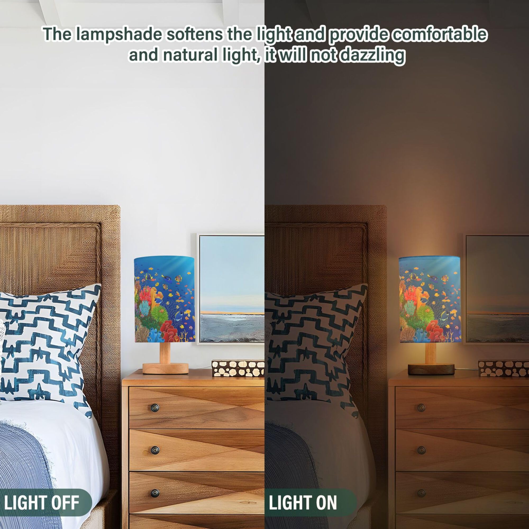 Yyzzh Table Lamp Underwater Sea Fish Coral Ocean Sunshine Nightstand Lamp With Wood Base Fabric Lamp Shade Bedside Desk Lamp For