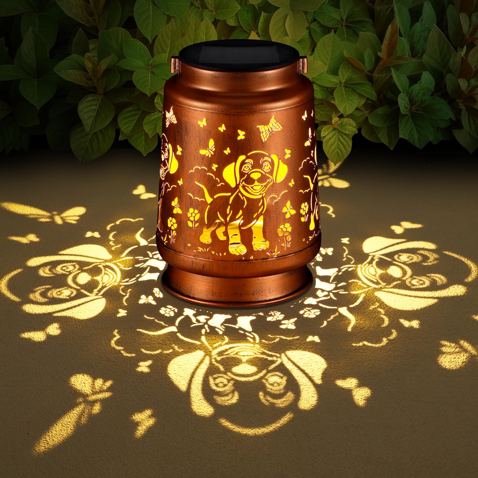 Solar Lantern Outdoor Hanging Waterproof Outside Metal Openwork Hummingbird Pattern Birthday Gifts For Women Mom Landscape Lights For Porch Garden Yard Patio Pathway Decor(Dogs And Butterflies)