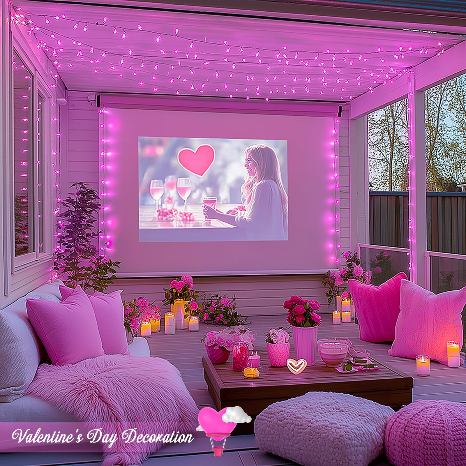 Jmexsuss 500 Led Pink Room Lights, 8 Modes 163Ft Waterproof Pink Christmas Lights Outdoor Plug In With Remote Control, Clear Wir